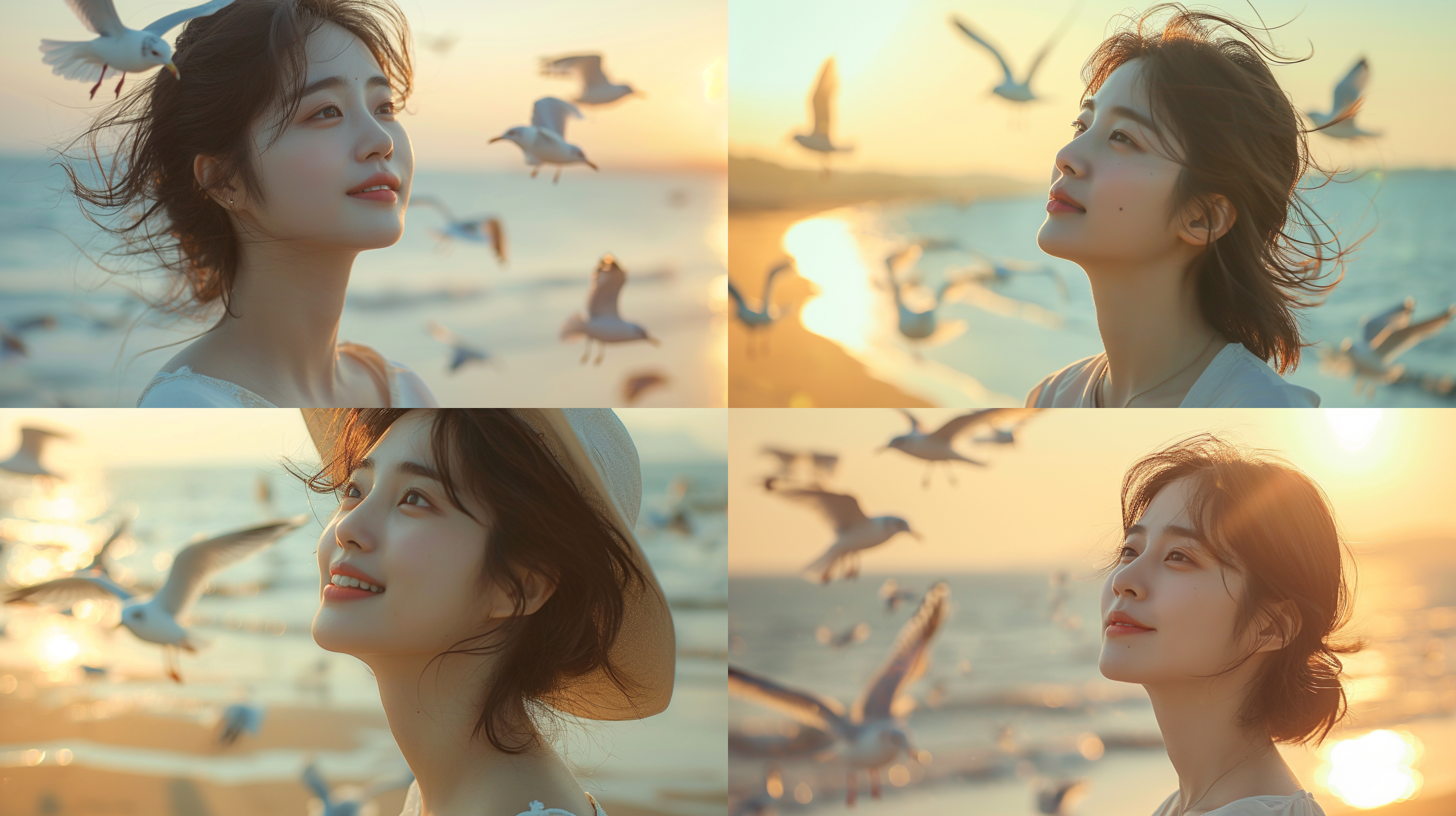 大海边，韩国美女，清纯，窈窕身材，皮肤白皙，眺望大海，微笑。海鸥。清新氛围，大光圈，长焦镜头，柔光，静态，温暖色调。优雅，自信，轻松，放松，欢快