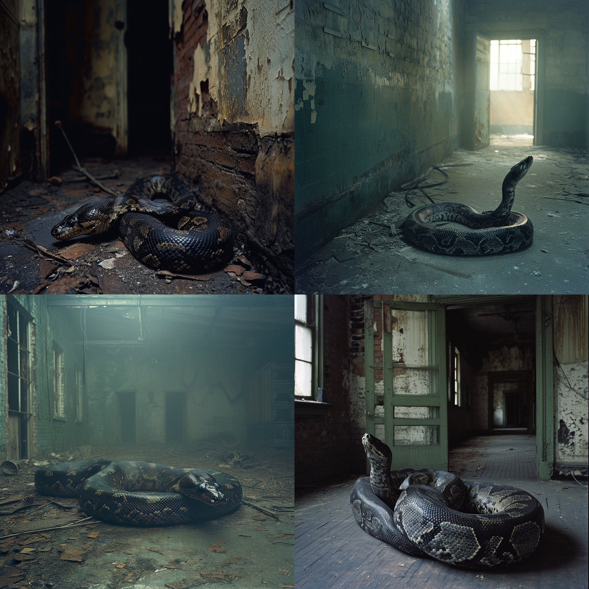 森蚺，彩色摄影，废弃建筑，朦胧风格，长焦镜头，昏暗照明，静态姿势，恐怖，神秘，压抑，无生机。