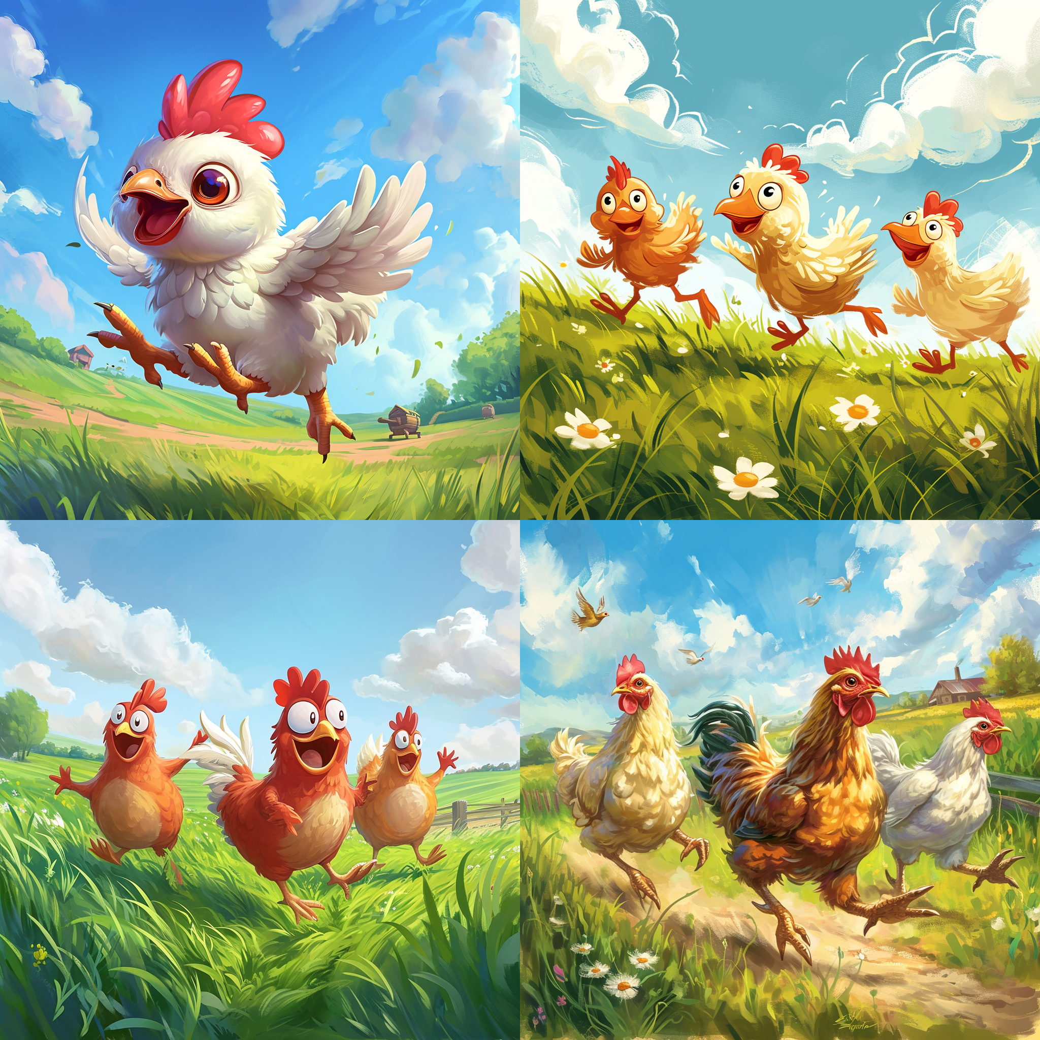卡通鸡在农场里自由奔跑，背景是绿色的田野和蓝天白云。卡通鸡有明亮的羽毛，大眼睛和笑容。风景宜人，光线柔和，色彩鲜艳，给人愉悦的感觉。