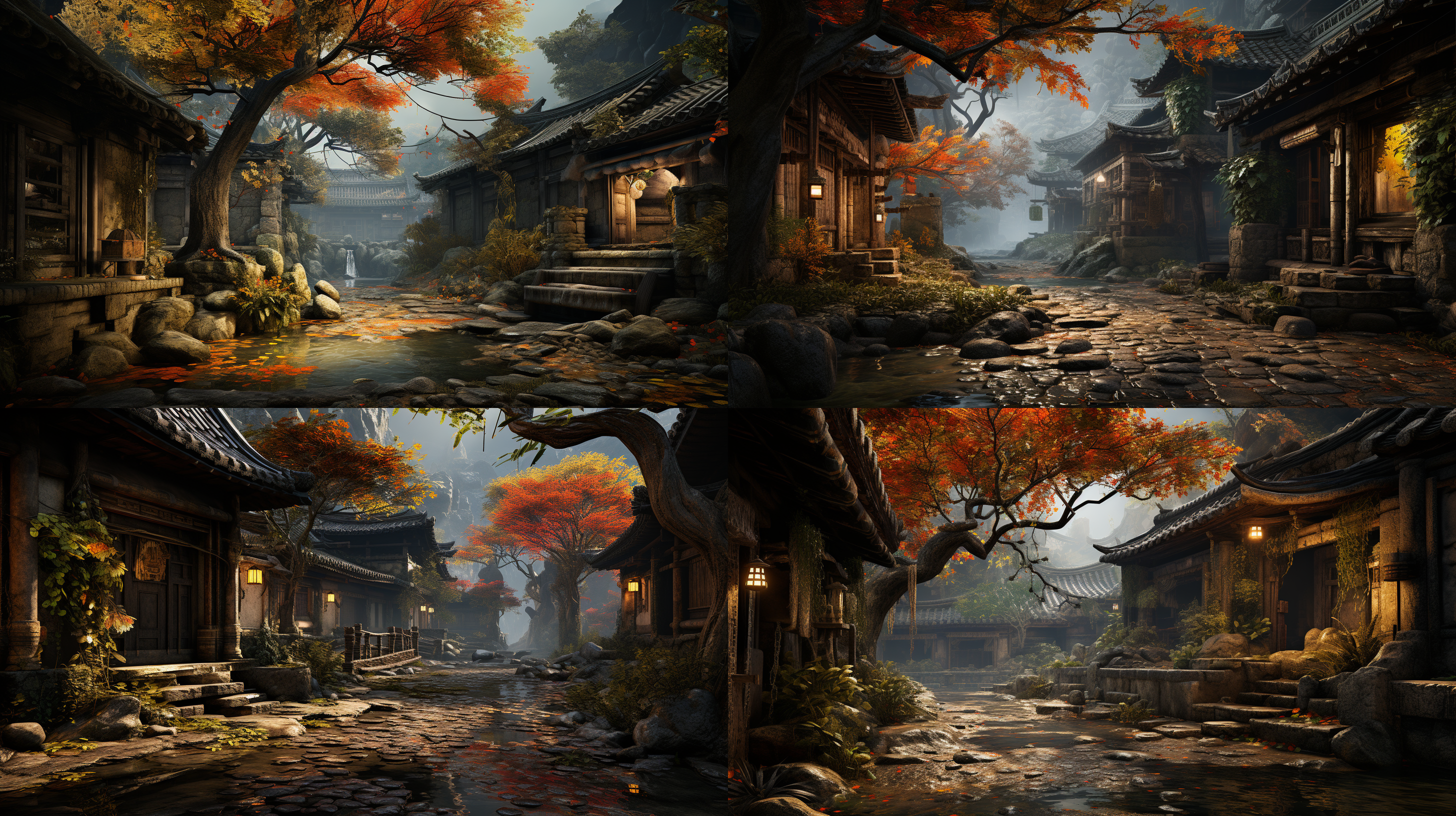 一个中国风场景，古代世外桃源，有一间泥砖瓦房的小屋，门口有一棵瘦高的古树，叶子昏黄，炊烟袅袅，安静闲适，溪水潺潺，细节丰富，画面纯净，自然光，4k，超清