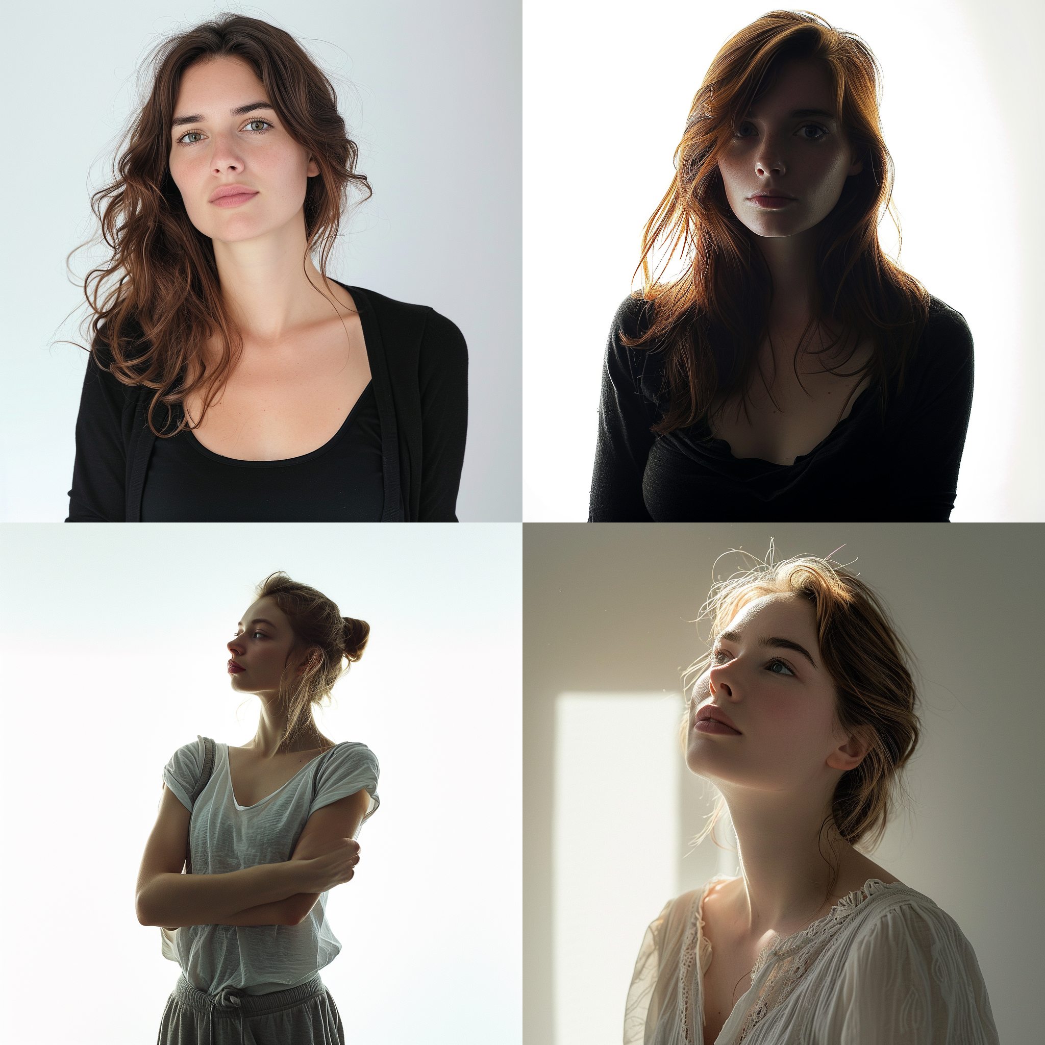 top light,female,upper body portrait,studio white background