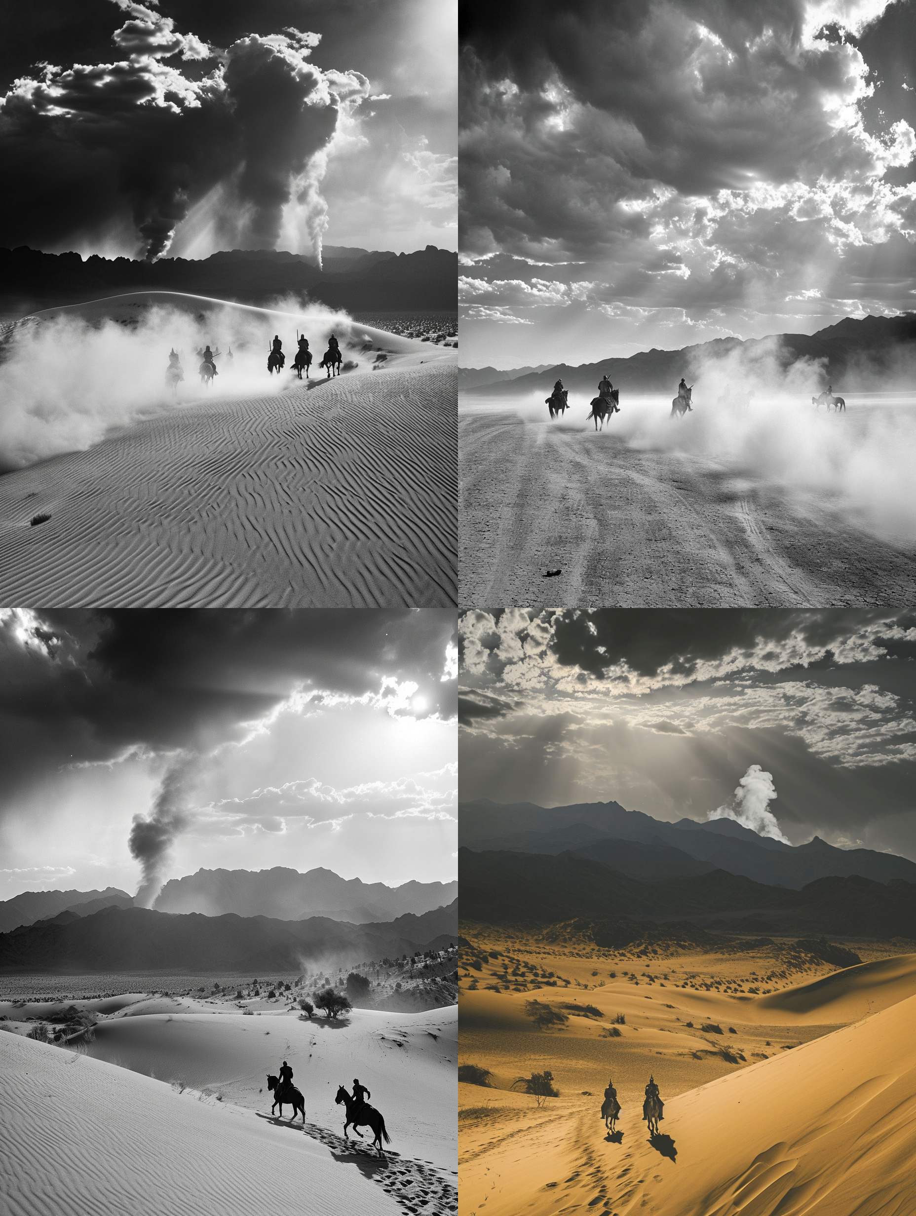 大漠孤烟，黄沙滚滚，远处山峦苍茫。沉默的骏马在沙丘上奔驰，马背上骑士凝视着远方。广角镜头捕捉到辽阔的沙漠景色，高对比度的黑白风格增强了孤独和无尽的感觉，阳光透过云层洒在骏马身上，照亮了整个场景。孤烟弥漫，让人感受到沙漠的荒凉和壮美。