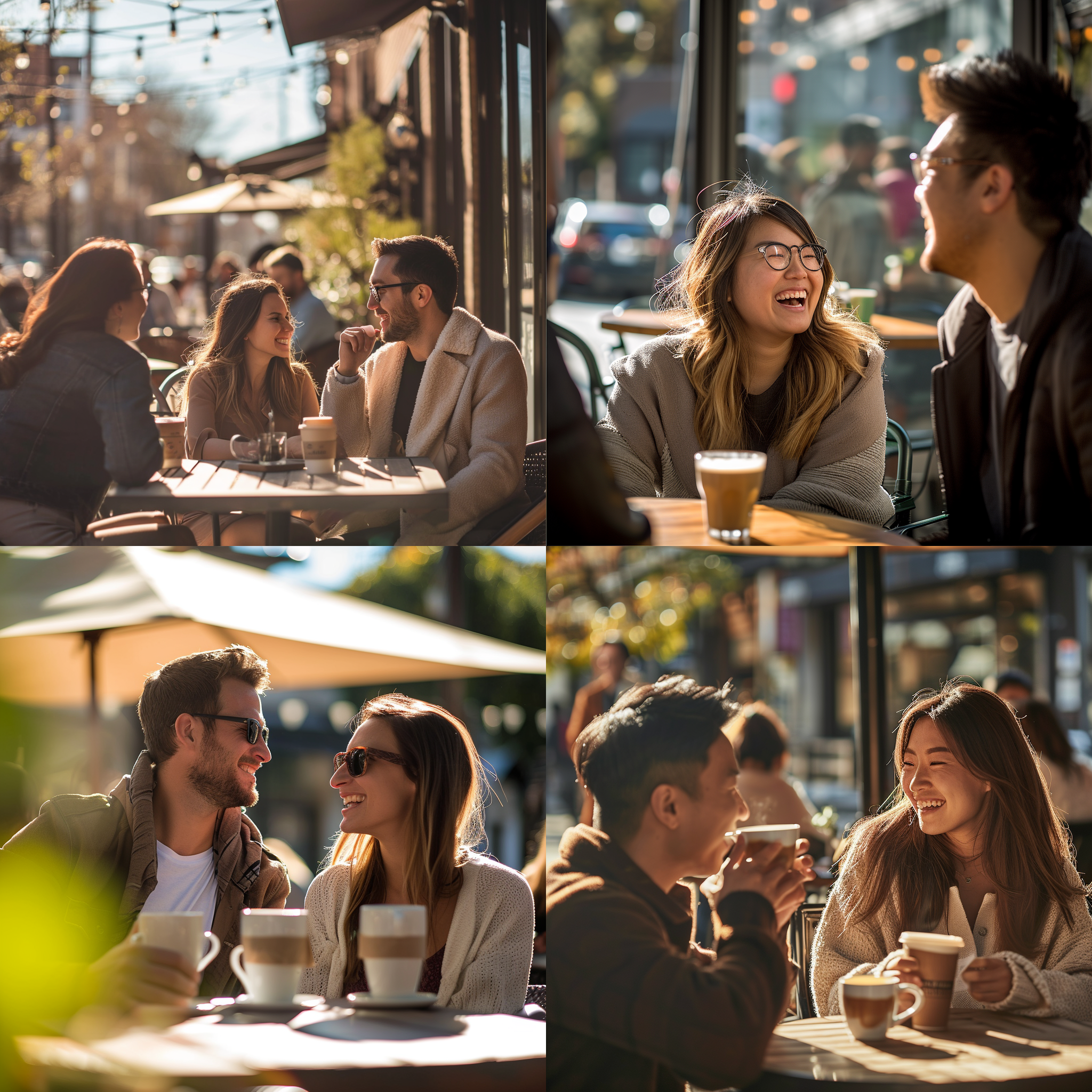 夫妻在露天咖啡店享用咖啡，对角线构图，明亮阳光下，街道背景，浅景深，长焦镜头，柔和侧光，微笑，轻松愉快，温暖色调，产品特写，细节清晰。 当代建筑