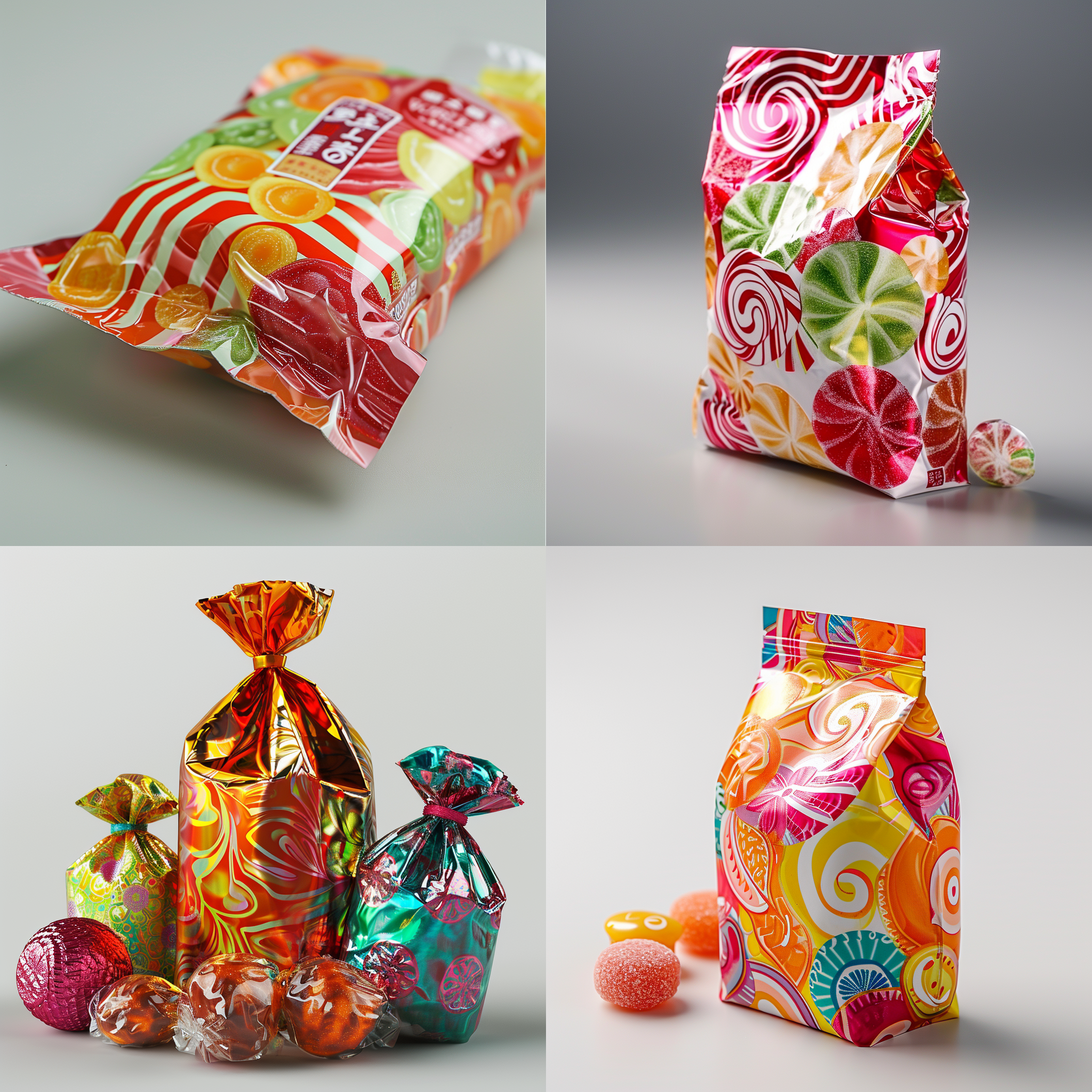 一包精致的糖果包装。包装袋采用彩色金属箔和opp印刷塑料膜，具有吸引人的图案和鲜艳的颜色，搭配可重封设计和方便的小口袋，方便用户随时品尝甜蜜的糖果，为用户提供了一个愉悦和美味的小吃选择。