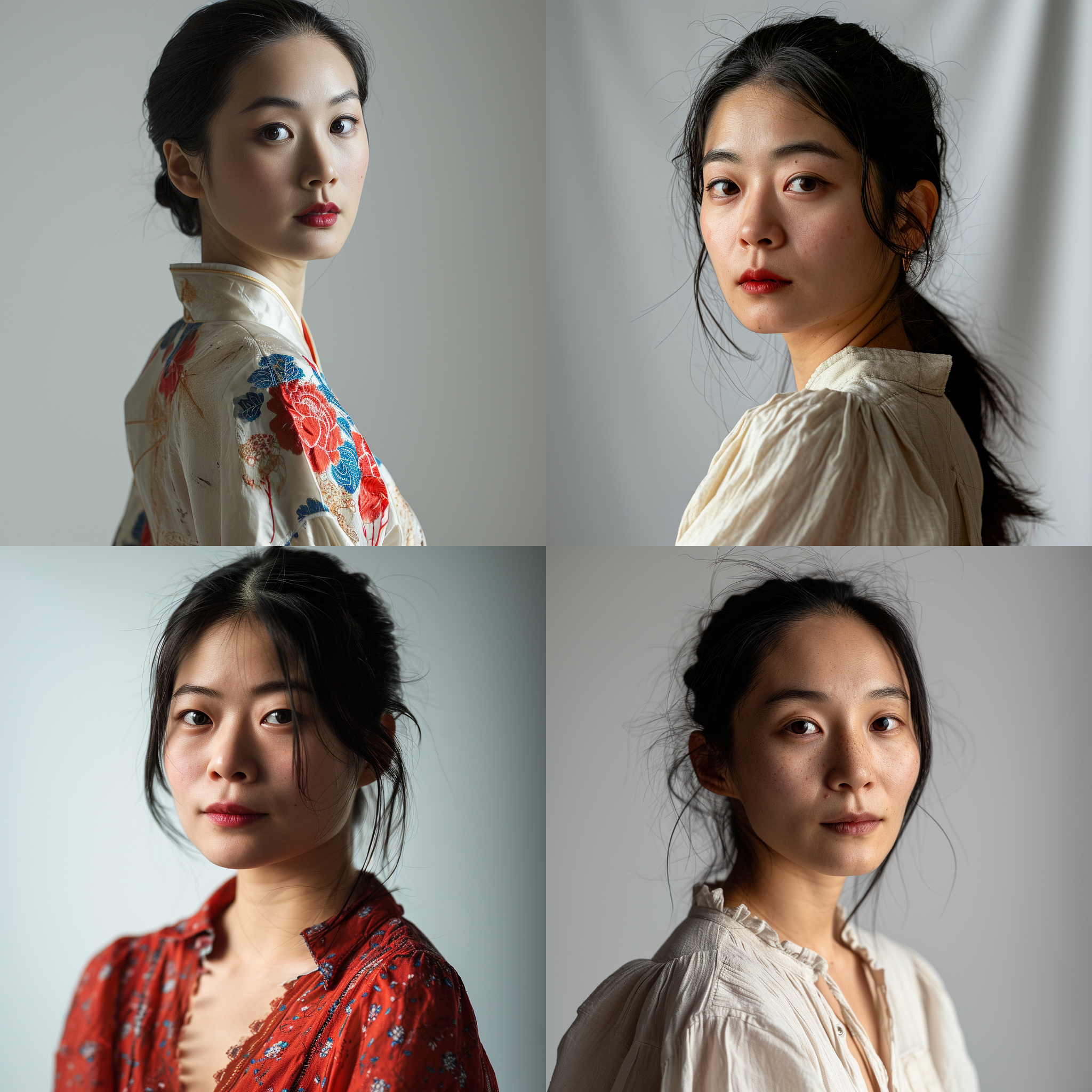 正面光，中国女性，上半身肖像，摄影棚白色背景