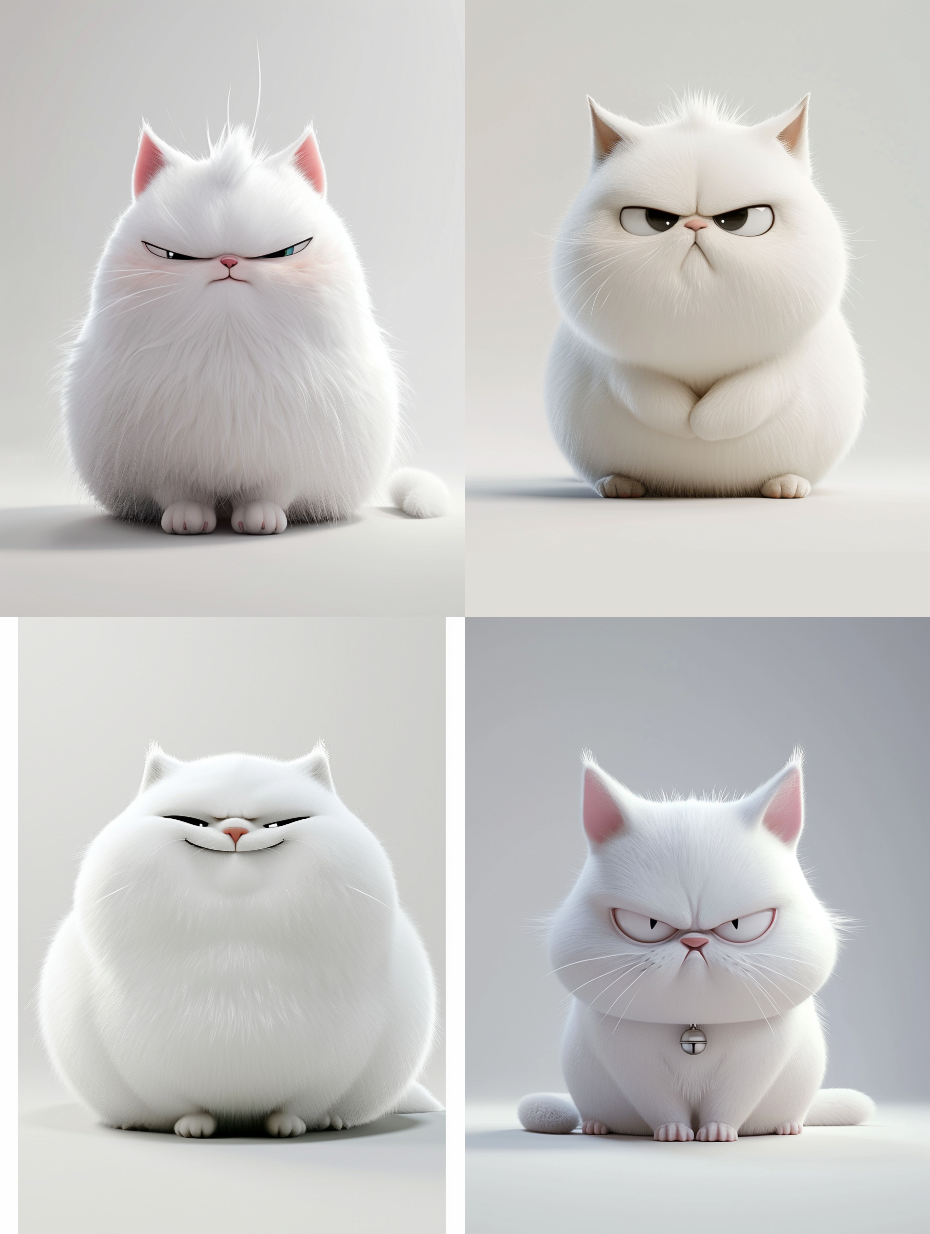 卡通3d可爱白色肥嘟嘟的猫咪，表情奶凶奶凶，坐在纯白地上，纯白背景，照片风格明亮温，充满生机，细节丰富，表达出宠物的可爱和奶凶