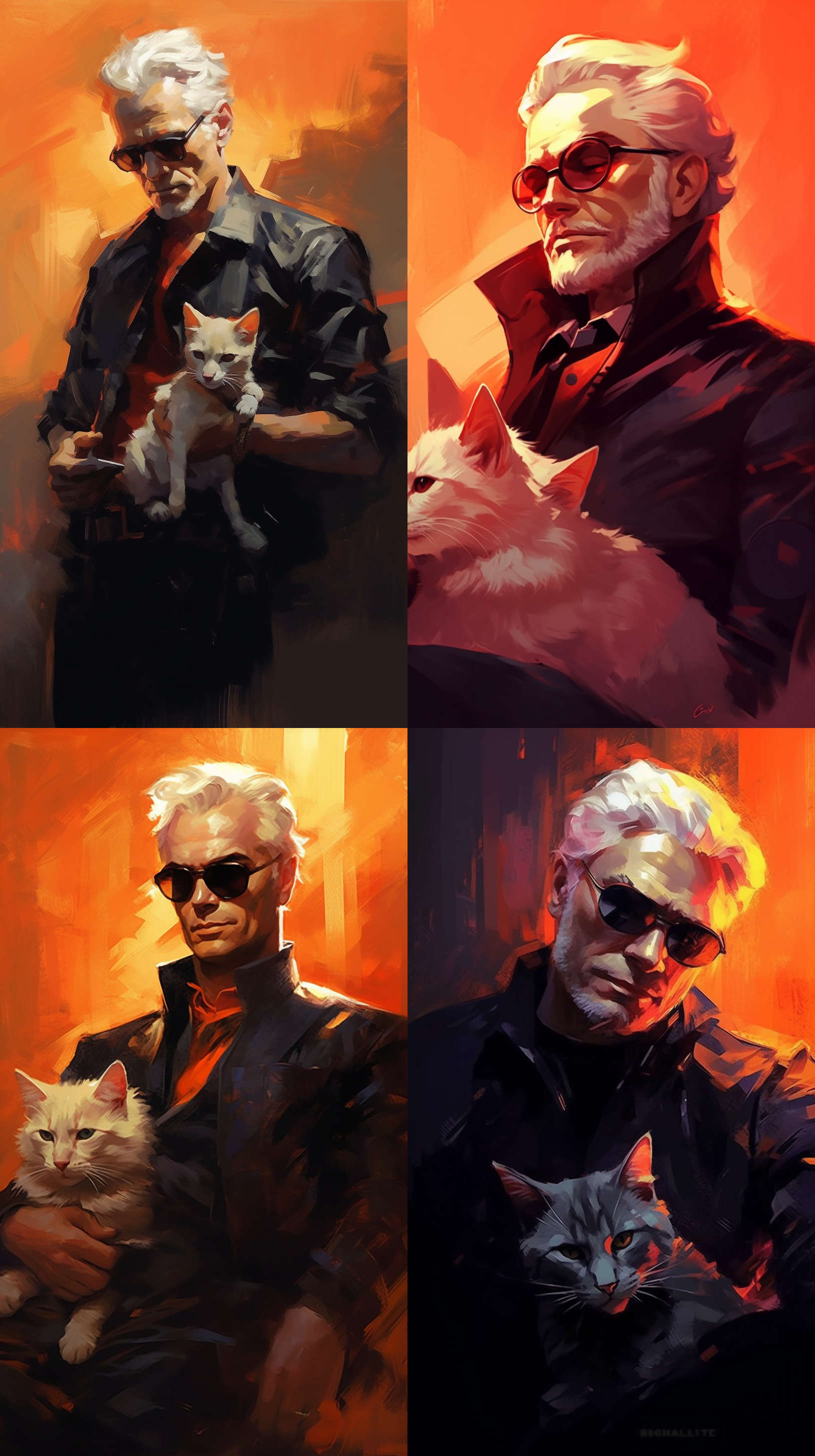 戴墨镜，白头发一丝不苟，严肃脸，老爷爷，侧脸，怀里一只黑色的猫，身后火色背景，