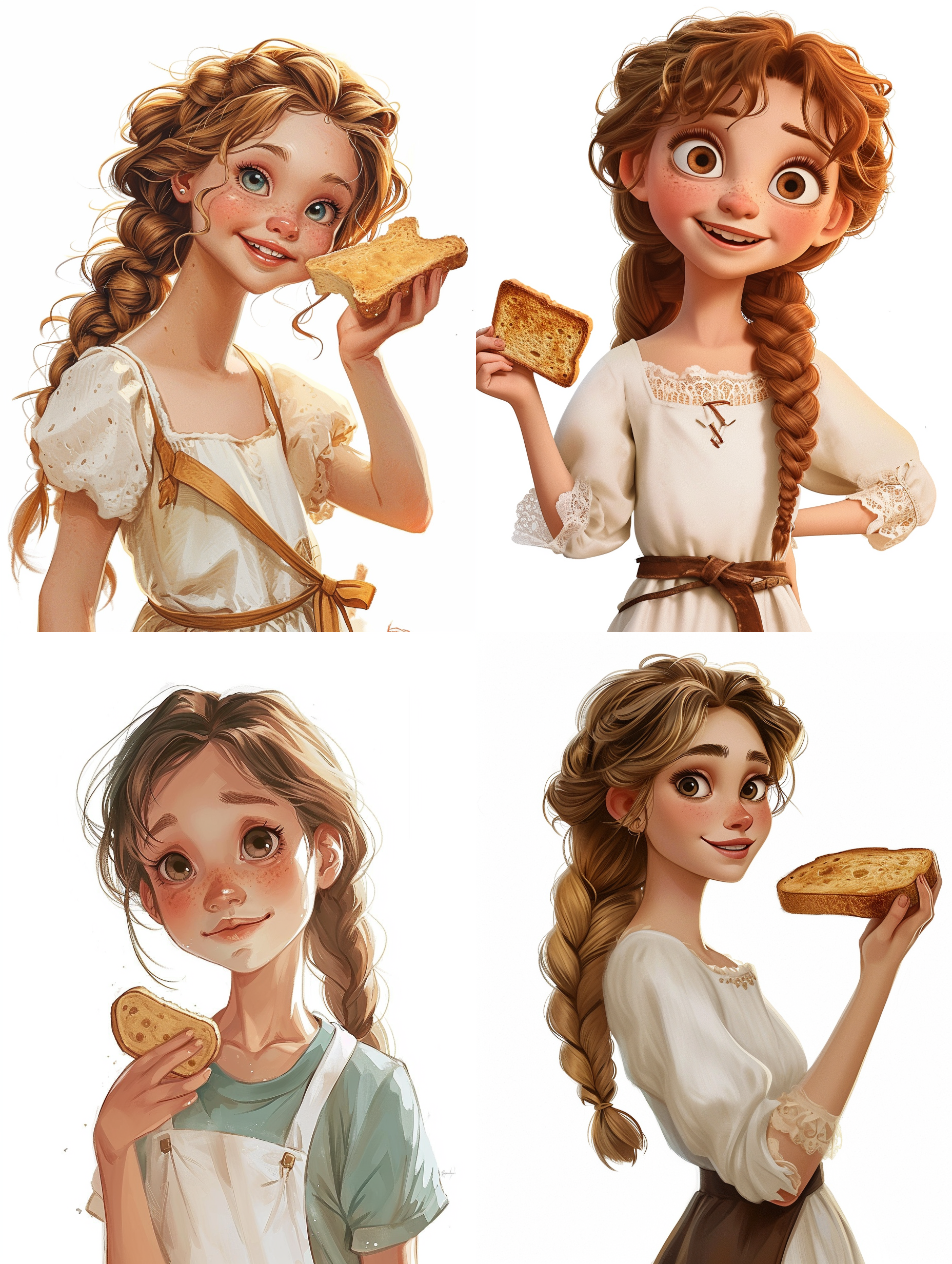 麻花辫卡通女孩，手里拿着一片吐司，白色背景，中央构图，明亮光线，纯净感，大笑，自然表情，细节清晰，肖像摄影，柔光，温暖色调，纯白色，青春活力。