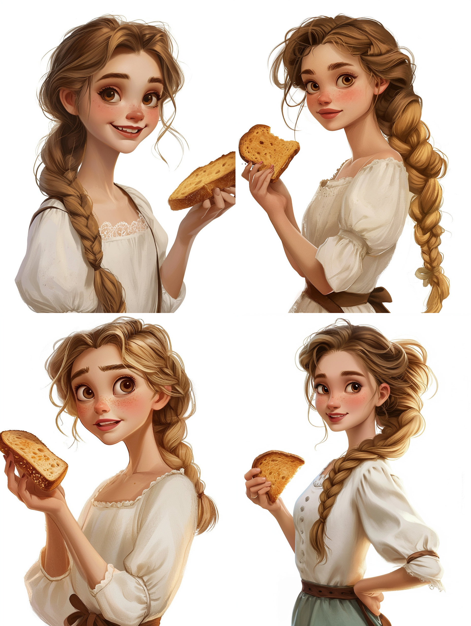 麻花辫卡通女孩，手里拿着一片吐司，白色背景，中央构图，明亮光线，纯净感，大笑，自然表情，细节清晰，肖像摄影，柔光，温暖色调，纯白色，青春活力。