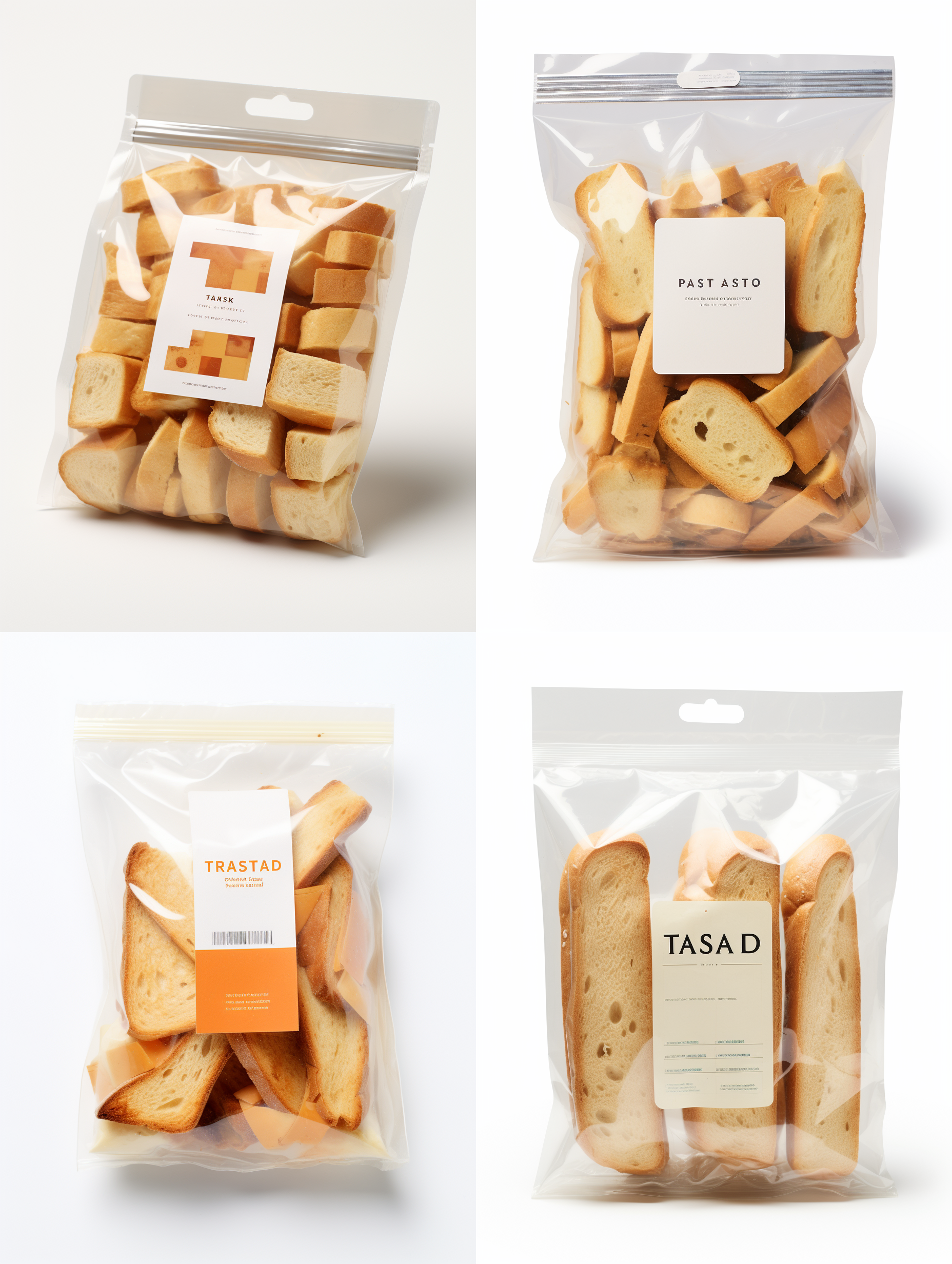 吐司包装袋子，正面展示，正面有窗口，有toast排列字母，平面构图，专业配色，无阴影，细节清晰、现代风格、白色背景