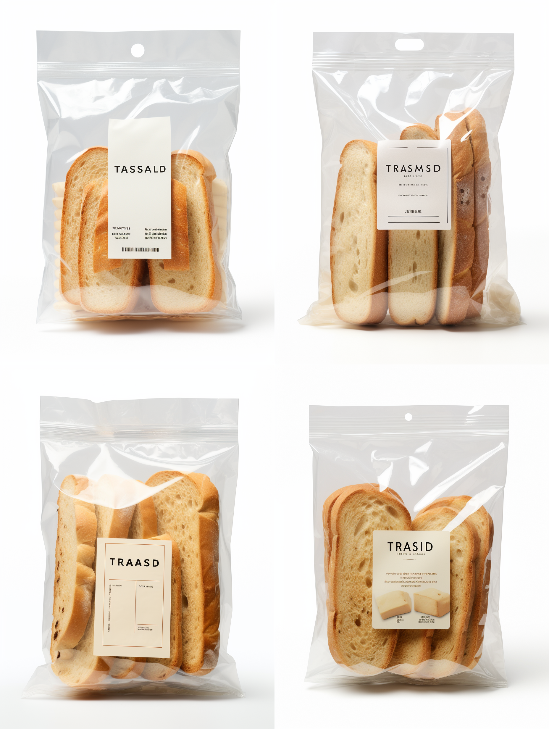 吐司包装袋子，正面展示，正面有窗口，有toast排列字母，平面构图，专业配色，无阴影，细节清晰、现代风格、白色背景
