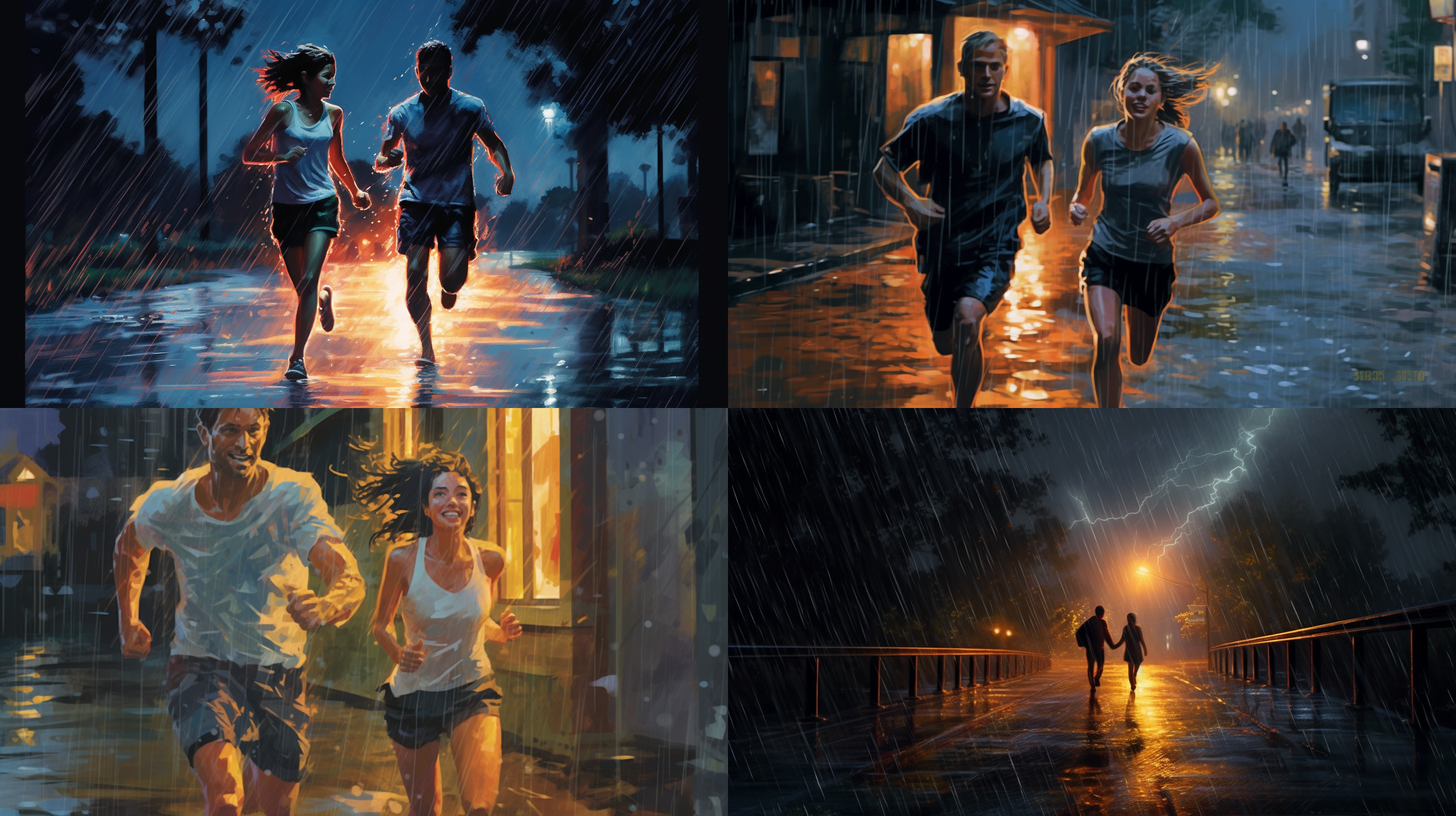 黑夜，一对在大雨中奔跑的情侣，车灯，逆光，雨丝，闪电，水流，水花，慢门