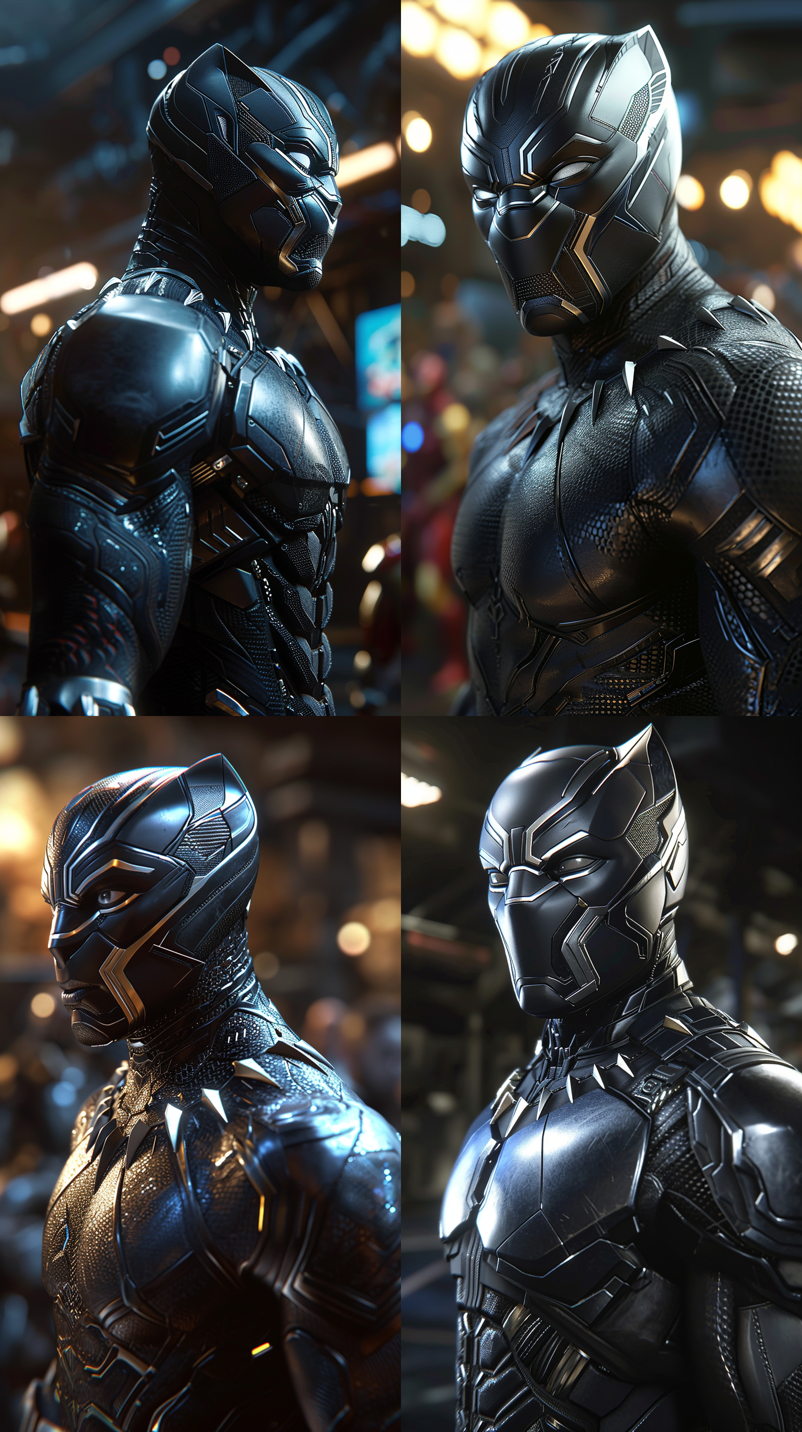 黑豹的战甲和钢铁侠的战甲结合版，科幻场景，16k清晰度， 黑豹盯着前方，肌肉线条凸显，金属质感，高清晰度，广角镜头，侧光照亮细节，紧张氛围，动作凌厉，广角模式，虚幻引擎渲染，突出真实感
