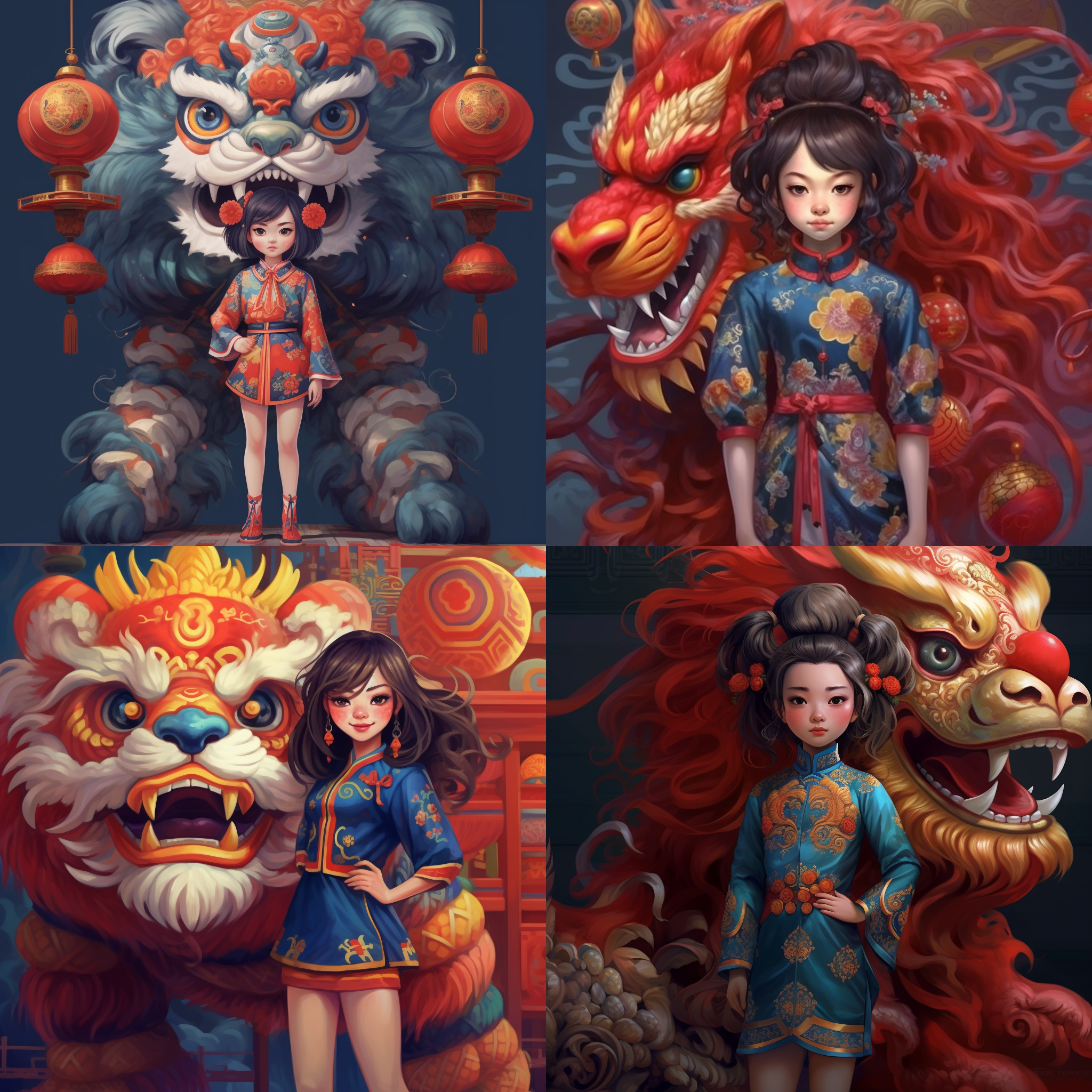 chinese young girl with red lion background, in the style of playful caricatures, colorful costumes, gigantic scale, dark white and light indigo, traditional color scheme, manticore, commission for ar 3:4