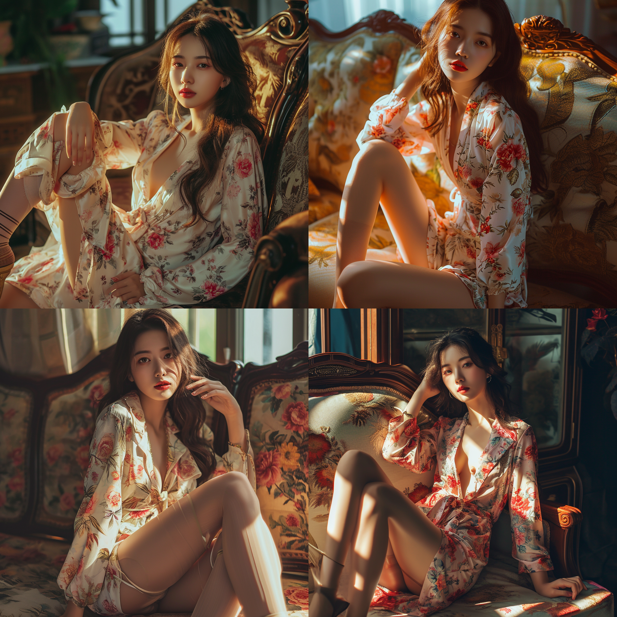 8k画质，中国美女,全身照，家居碎花睡衣，坐在沙发上，五官端正，长腿少女，阳光，身材苗条，丝袜，高跟鞋，专业人物摄影，色彩饱和，颜色丰富，