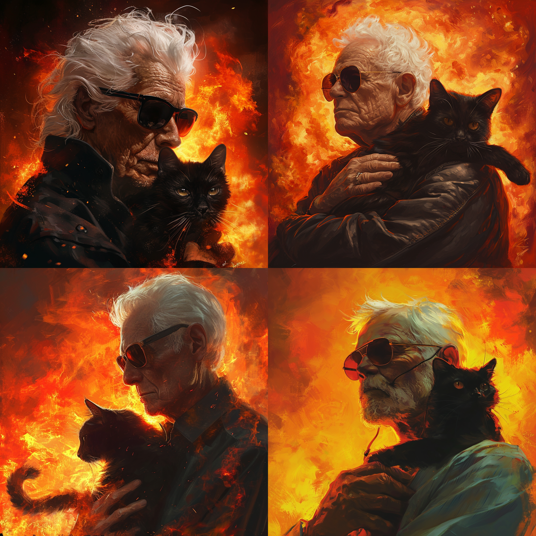 戴墨镜，白头发一丝不苟，严肃脸，老爷爷，侧脸，怀里一只黑色的猫，身后火色背景，