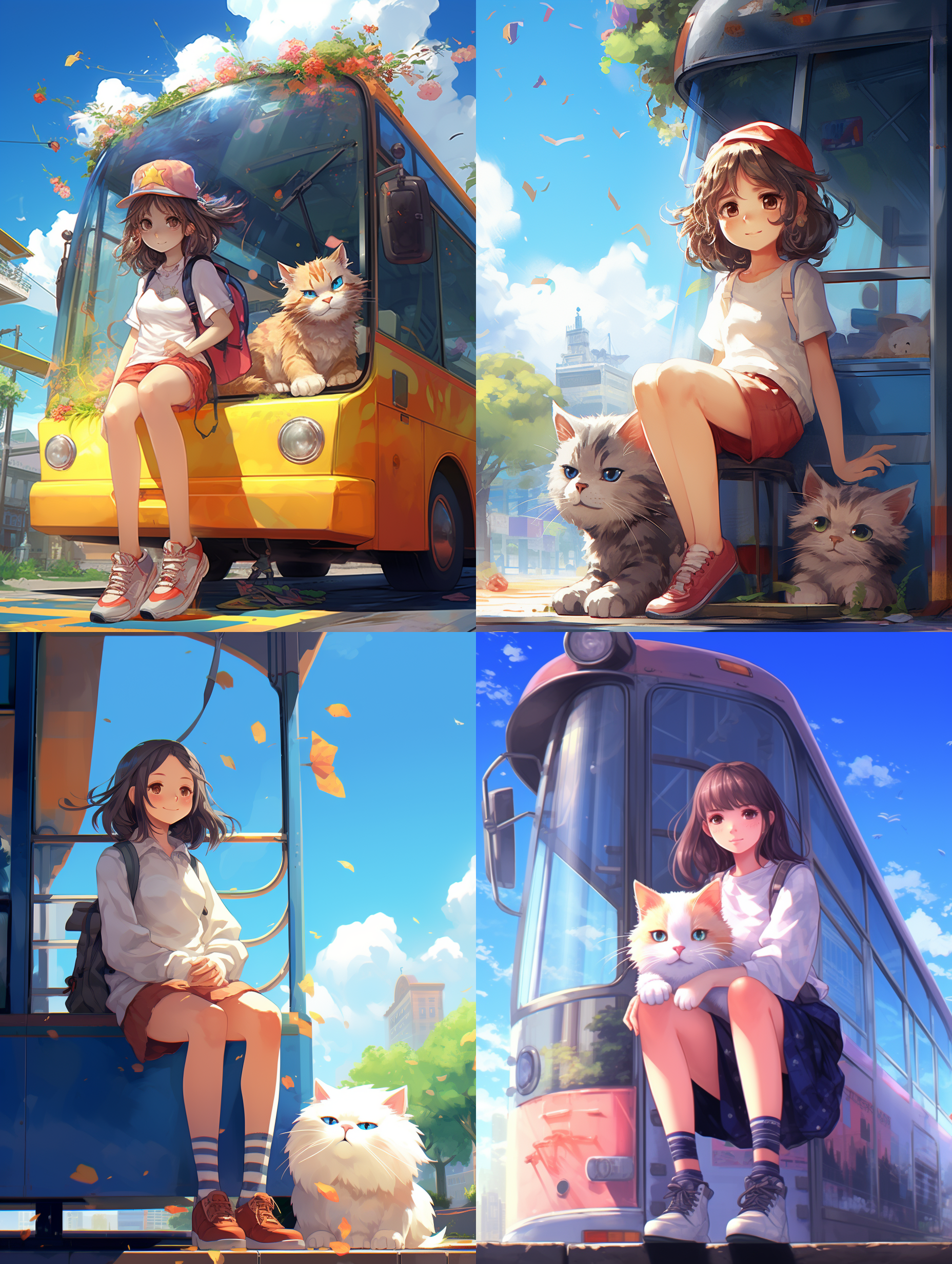a girl was standing at a bus stop, squatting next to a giant cute cat bigger than a human. summer atmosphere, ultra-wide angle, surrealism, colorful, bright background, illustration, ni chuanjing style, tomohe matsuyama, high resolution, super detail, super fine picture, 8k