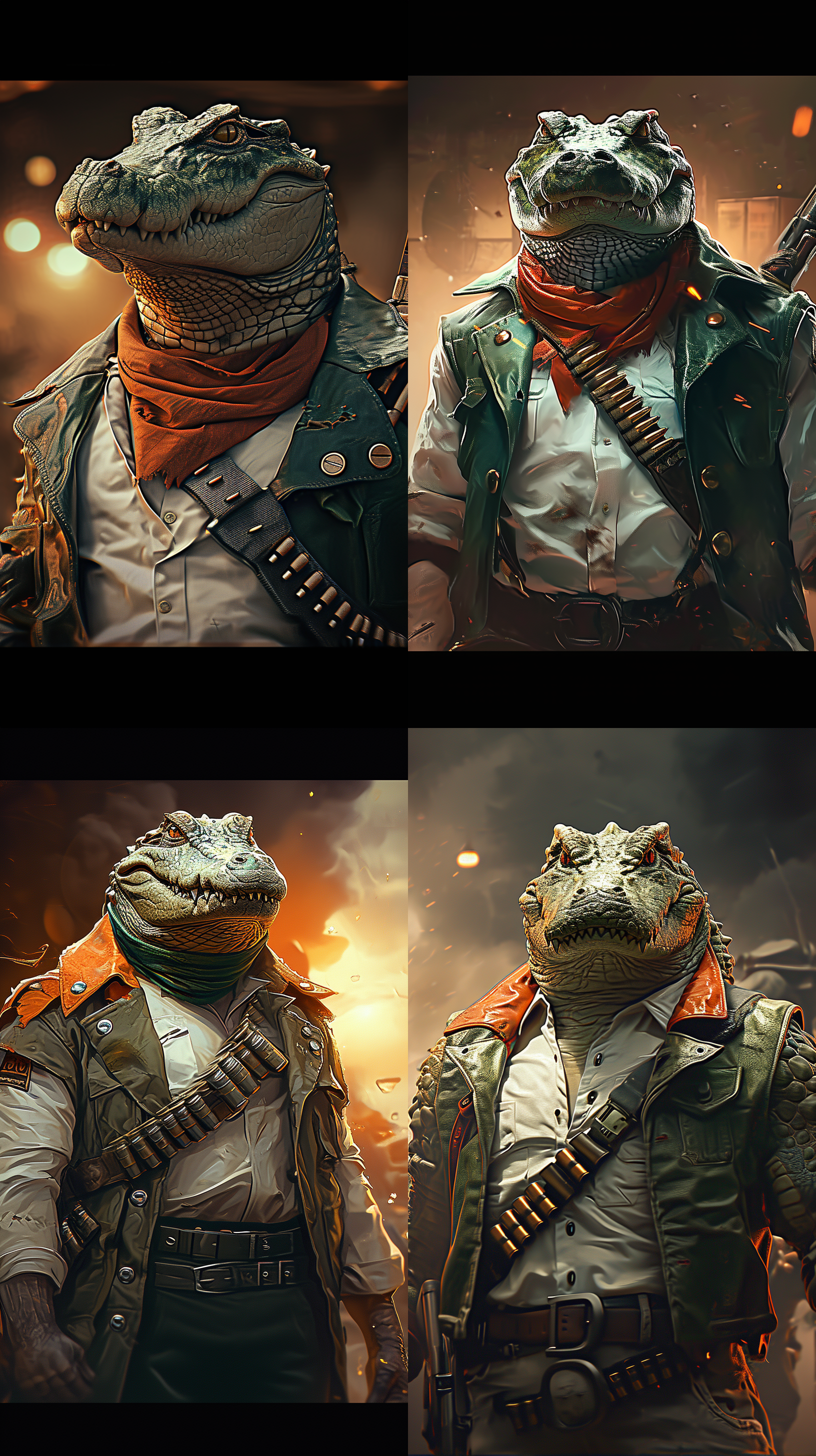 鳄鱼牛仔，沙漠背景，站立， 手持重机枪，巨大弹夹背带，背景战火漫天，守望先锋 赛博朋克 沙漠 全身角色 