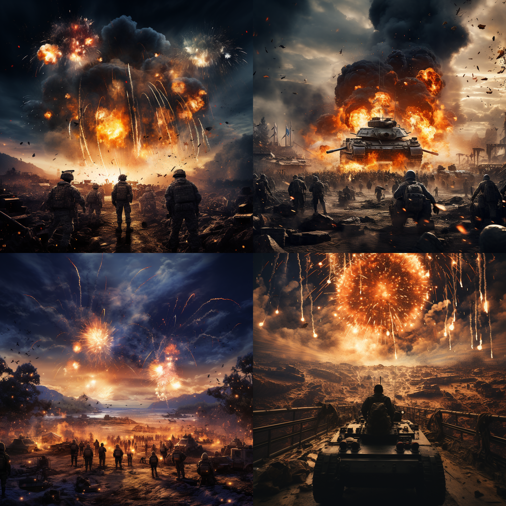 现代战争，坦克大战，大场面，广角镜头，俯视，场面宏大，烟火，士兵跟在坦克后面，弯腰持武器
