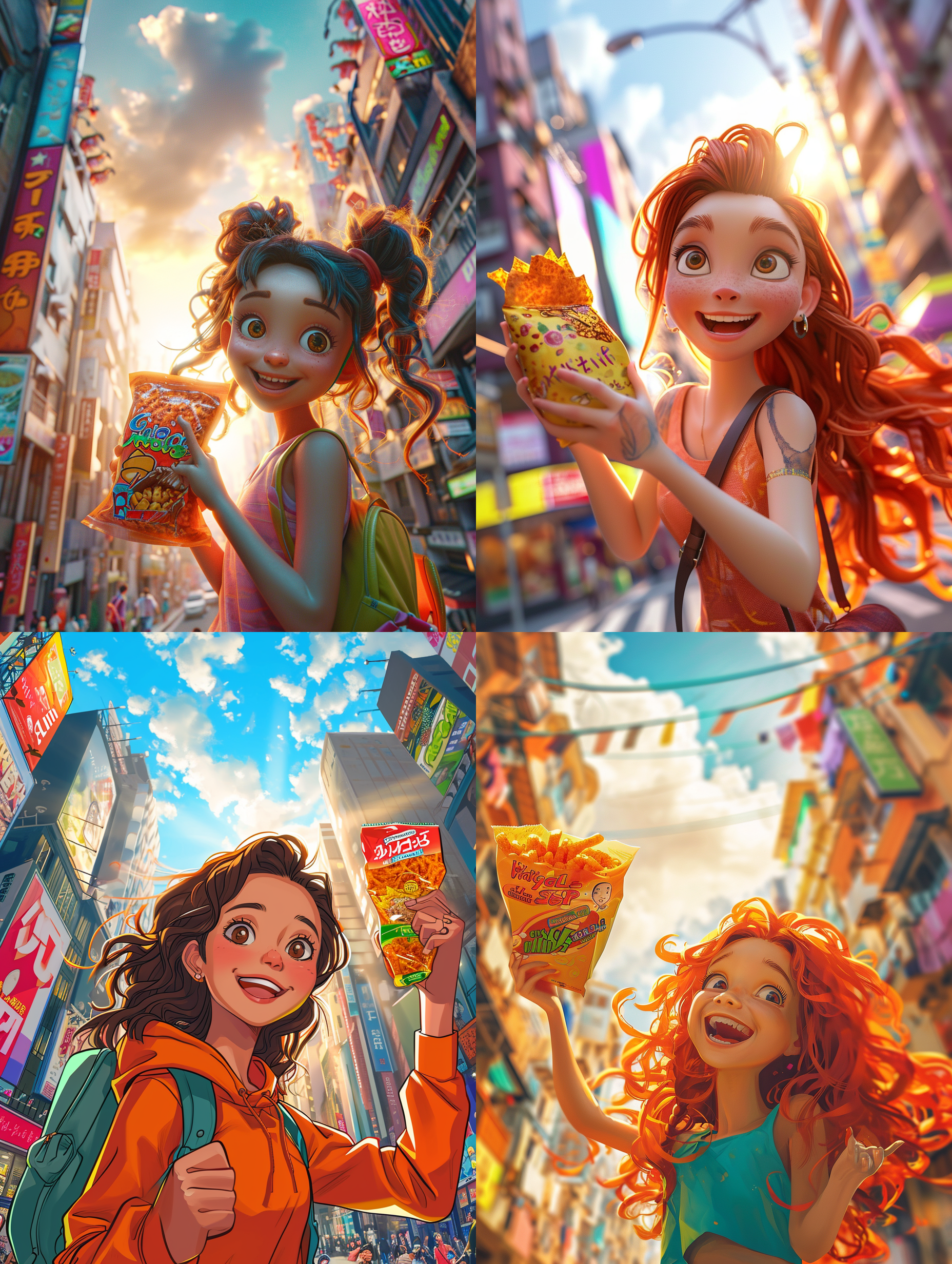 卡通女孩欢快地举着一包辣条，背景是五彩斑斓的城市街道。照片采用鲜艳的色彩，高饱和度，广角镜头捕捉到了整个场景。阳光透过云层洒落在她身上，形成柔和的侧光效果。她一脸笑容，眼神充满好奇和兴奋。活力四溢，令人愉悦。