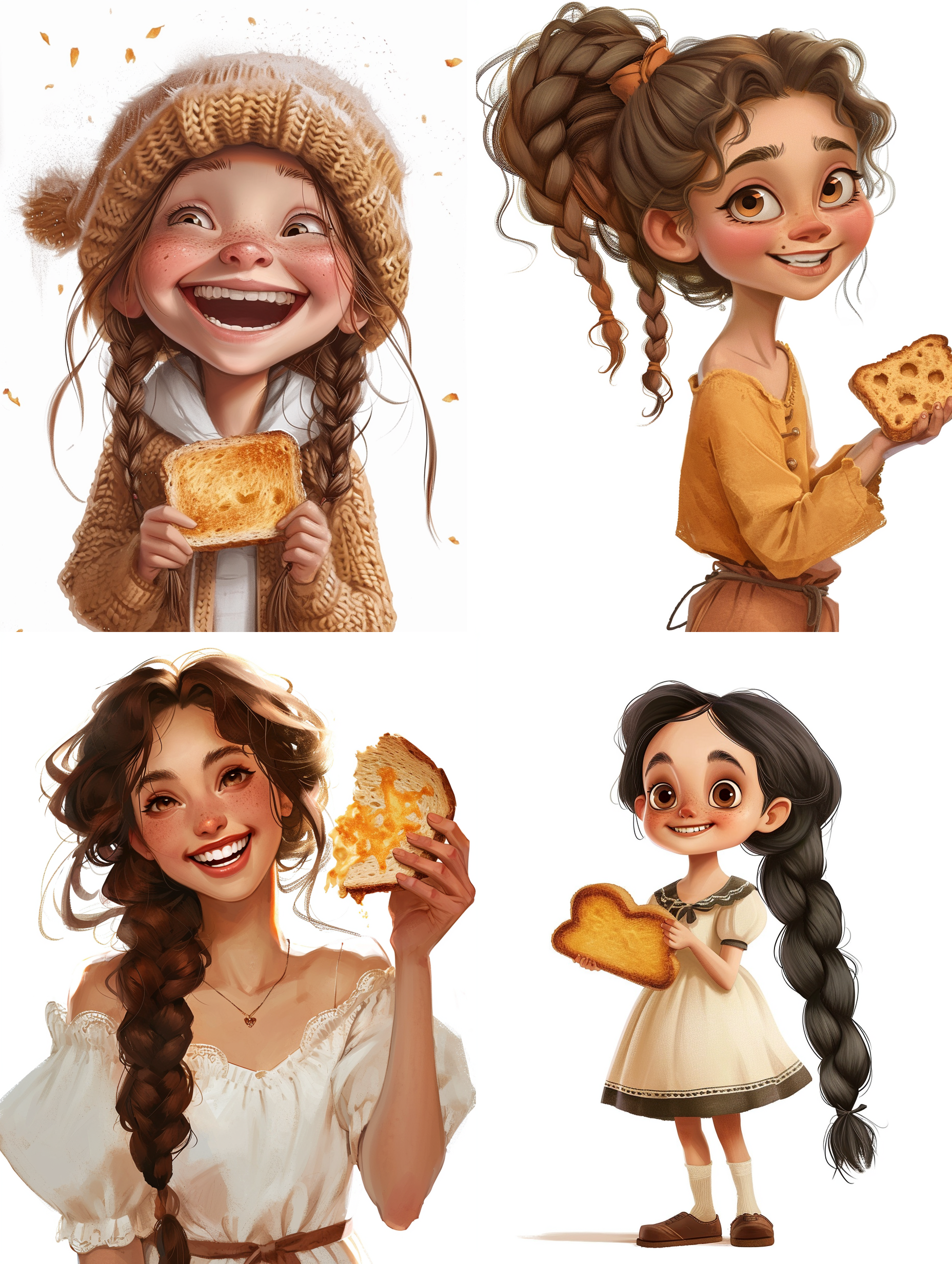 麻花辫卡通女孩，手里拿着一片吐司，白色背景，中央构图，明亮光线，纯净感，大笑，自然表情，细节清晰，青春活力。 