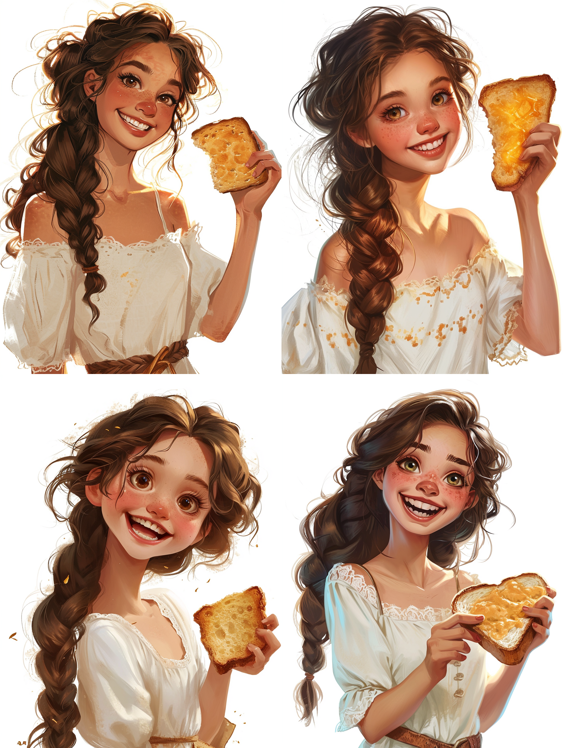 麻花辫卡通女孩，手里拿着一片吐司，白色背景，中央构图，明亮光线，纯净感，大笑，自然表情，细节清晰，青春活力。 