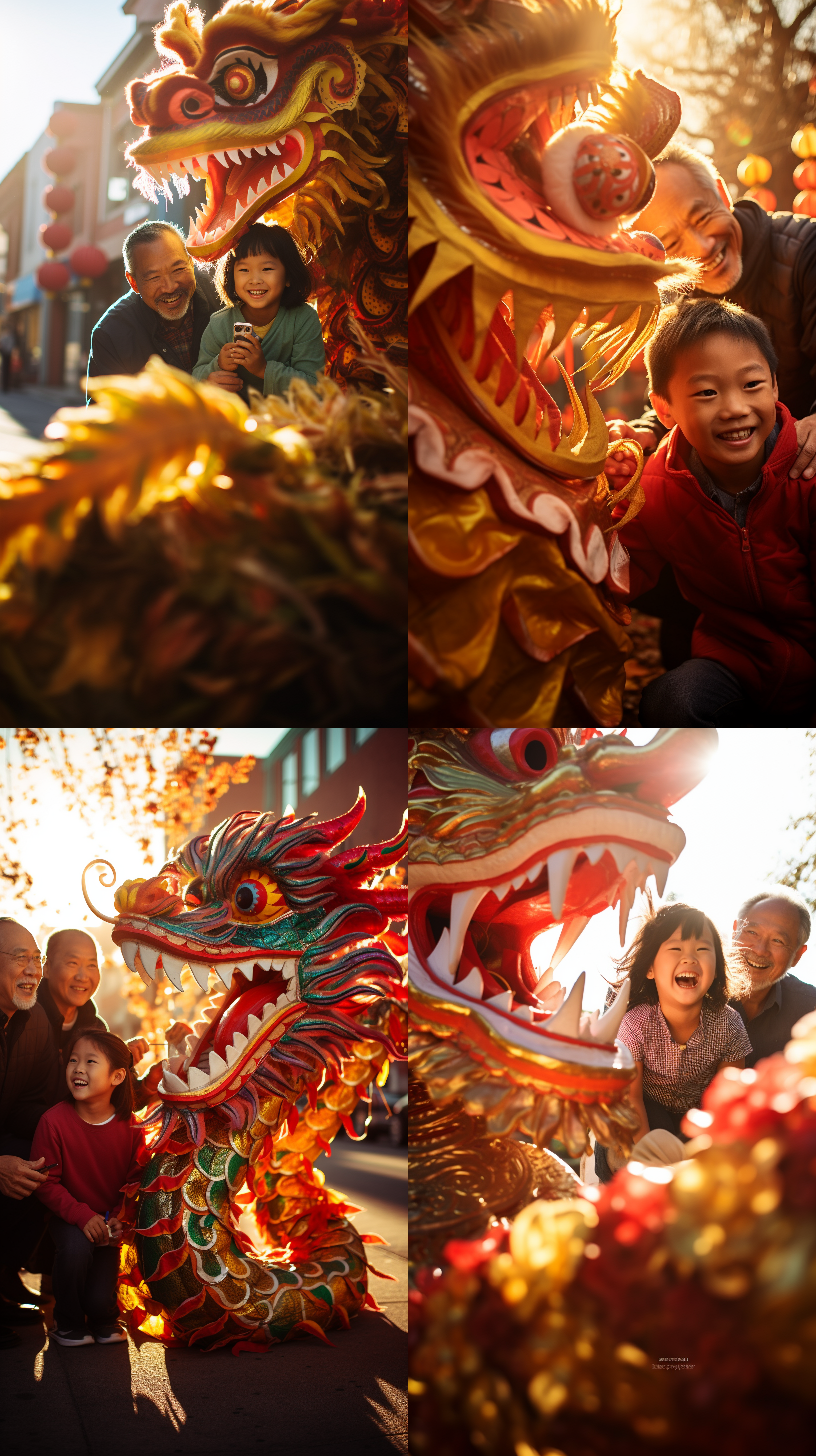 一家两口在中国龙的背景下作揖，阳光直射，营造出节日气氛，快门速度快，广角镜头，对焦在他们身上，色彩鲜艳，表情喜悦，温馨。