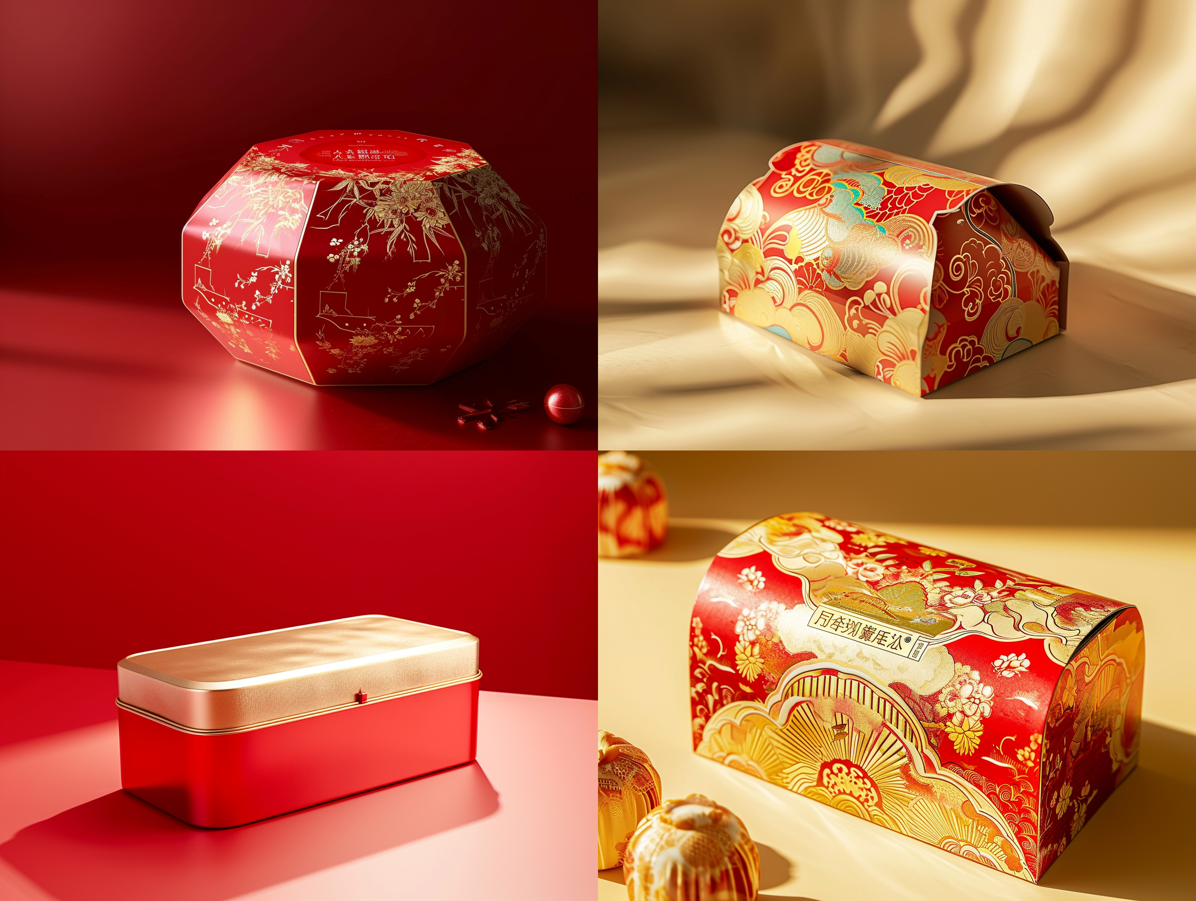 一个造型独特的零食包装盒，大胆的想象，淡金色与红色主色调，国潮风格,梦幻般的插画，一条中国元素，高细节,产品摄影，影棚光照，中国新年氛围 充满阳光 居中构图 暖光 充满阳光 居中构图 暖光 金属质感 纸板 全身 暖光