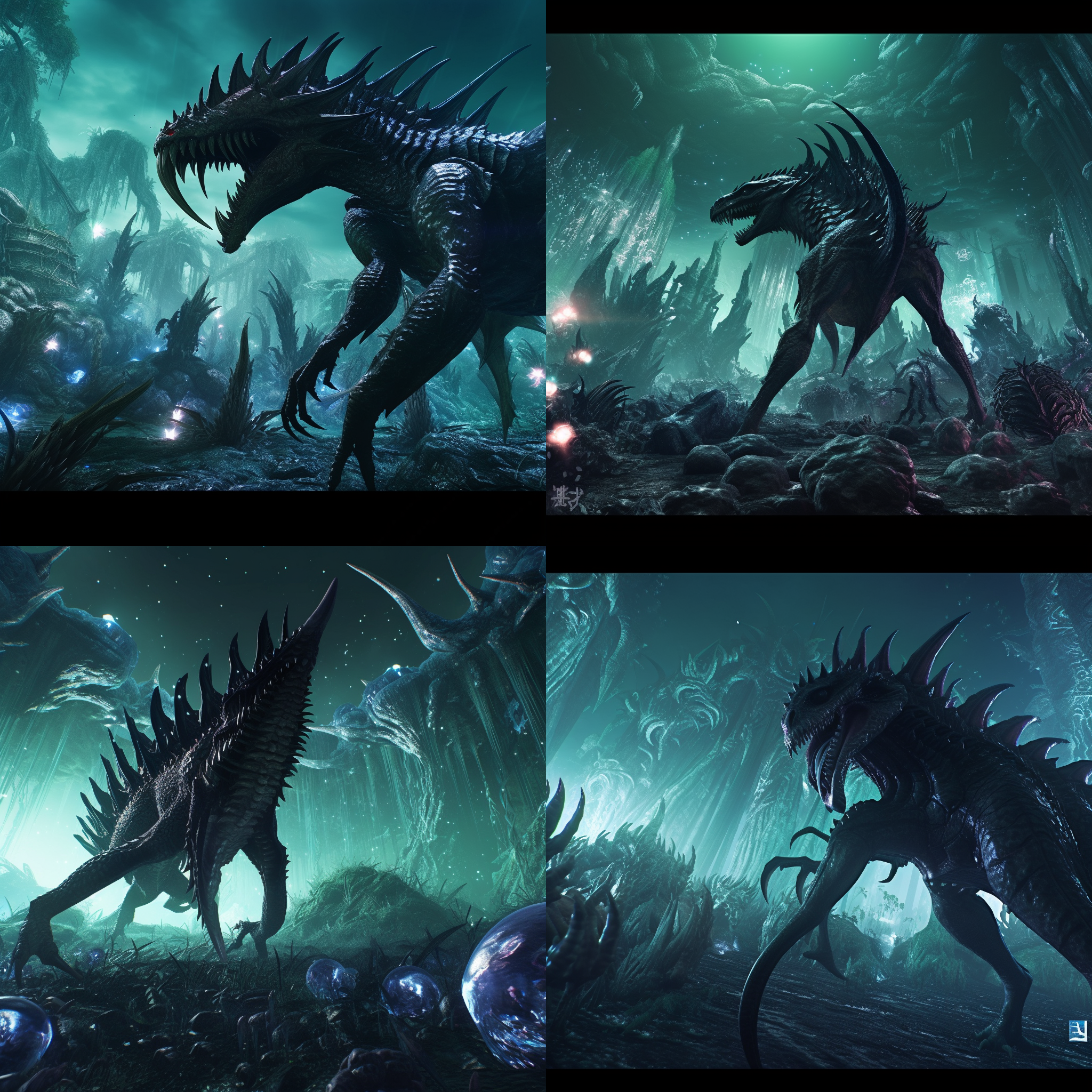 黑色甲壳的巨大异形生物统治着畸变的地表，周围是一群小恶心的异形怪物。照片采用高对比度和广角镜头，营造出恐怖而威胁的氛围。暗光下，异形生物的刺显得更加独特。全景构图展现了异形生物的统治力量。