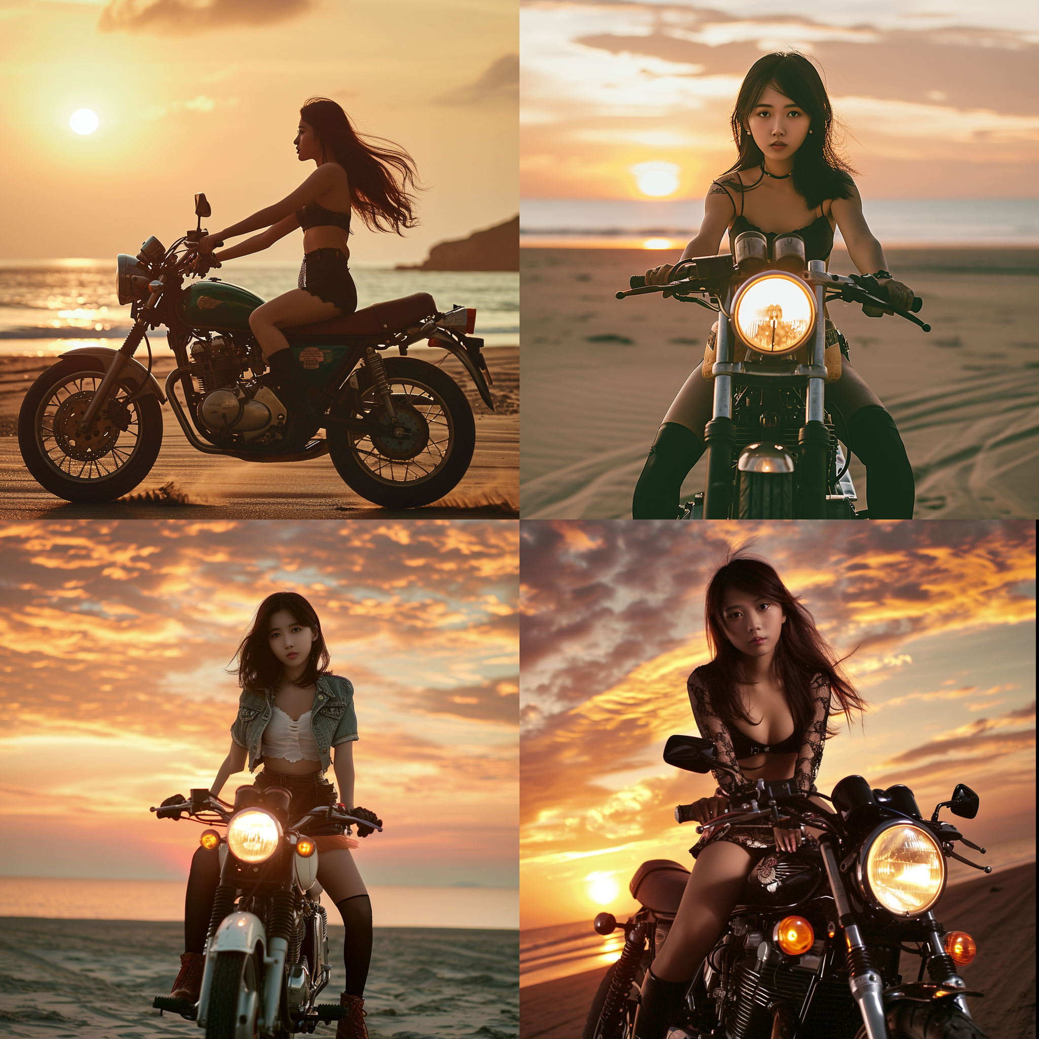 漂亮中国女孩骑摩托车，短裙，黑丝长筒丝袜，皮靴。夕阳下，她驾驶着摩托车在宽阔的海滩上飞驰，背景是壮丽的海景和橘红色的天空。动感构图，高速追踪焦点，明亮逆光，运动模式，流线型，自信，自由，活力四溢。