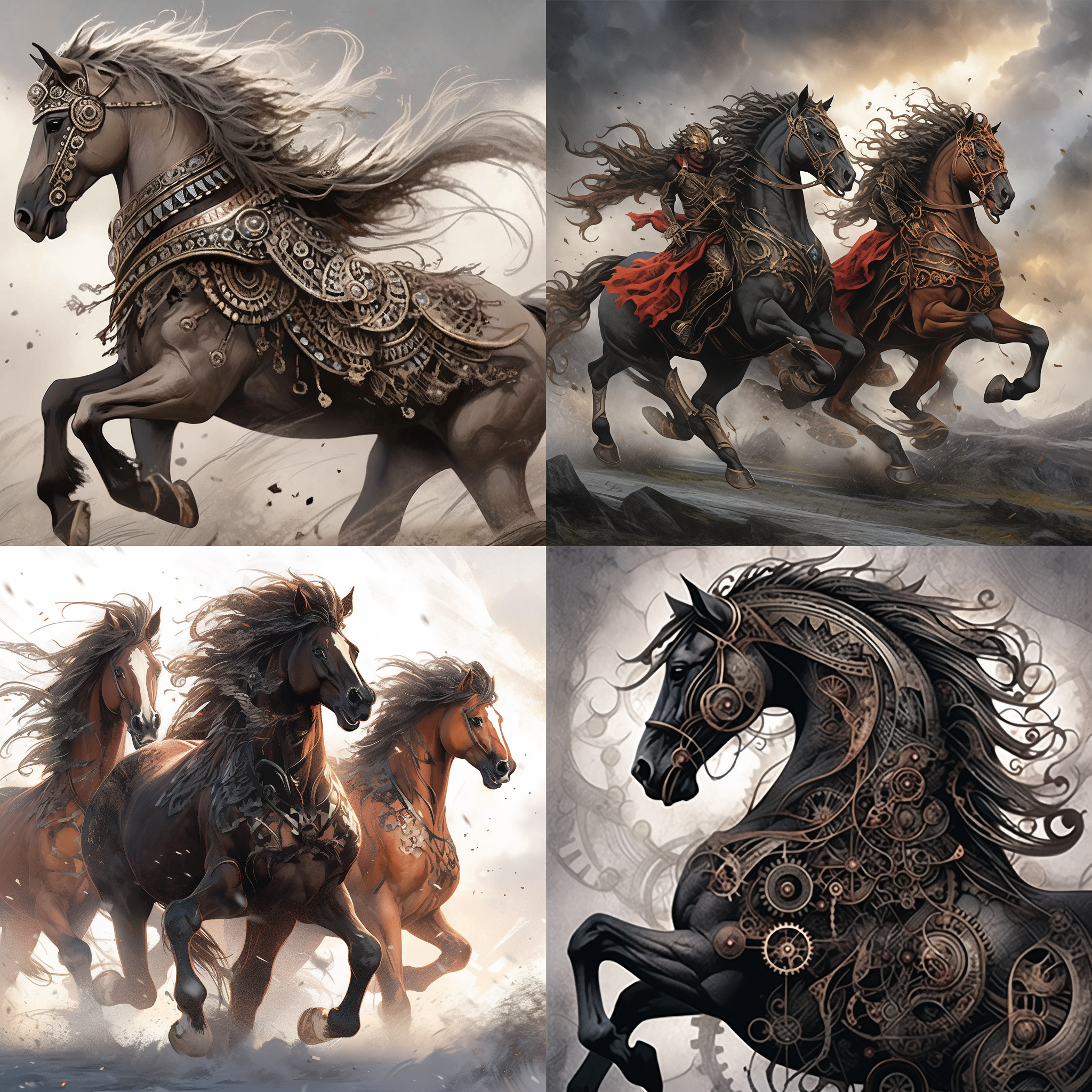高奇幻插图，战马在幻想世界中奔跑。肌肉贲发力量，光滑的毛皮闪烁着深栗色、乌木色和斑驳灰色。战马身披华丽的金属盔甲，镶嵌着精美的雕刻，保护重要部位并展示纹章。眼睛充满忠诚和决心，尾巴和鬃毛随奔驰飘动，展现威严。幻想战场上的力量与荣耀。插图，高贵颜色，战马，战场，肌肉，盔甲，纹章，忠诚，决心，威严，幻想，力量，荣耀。