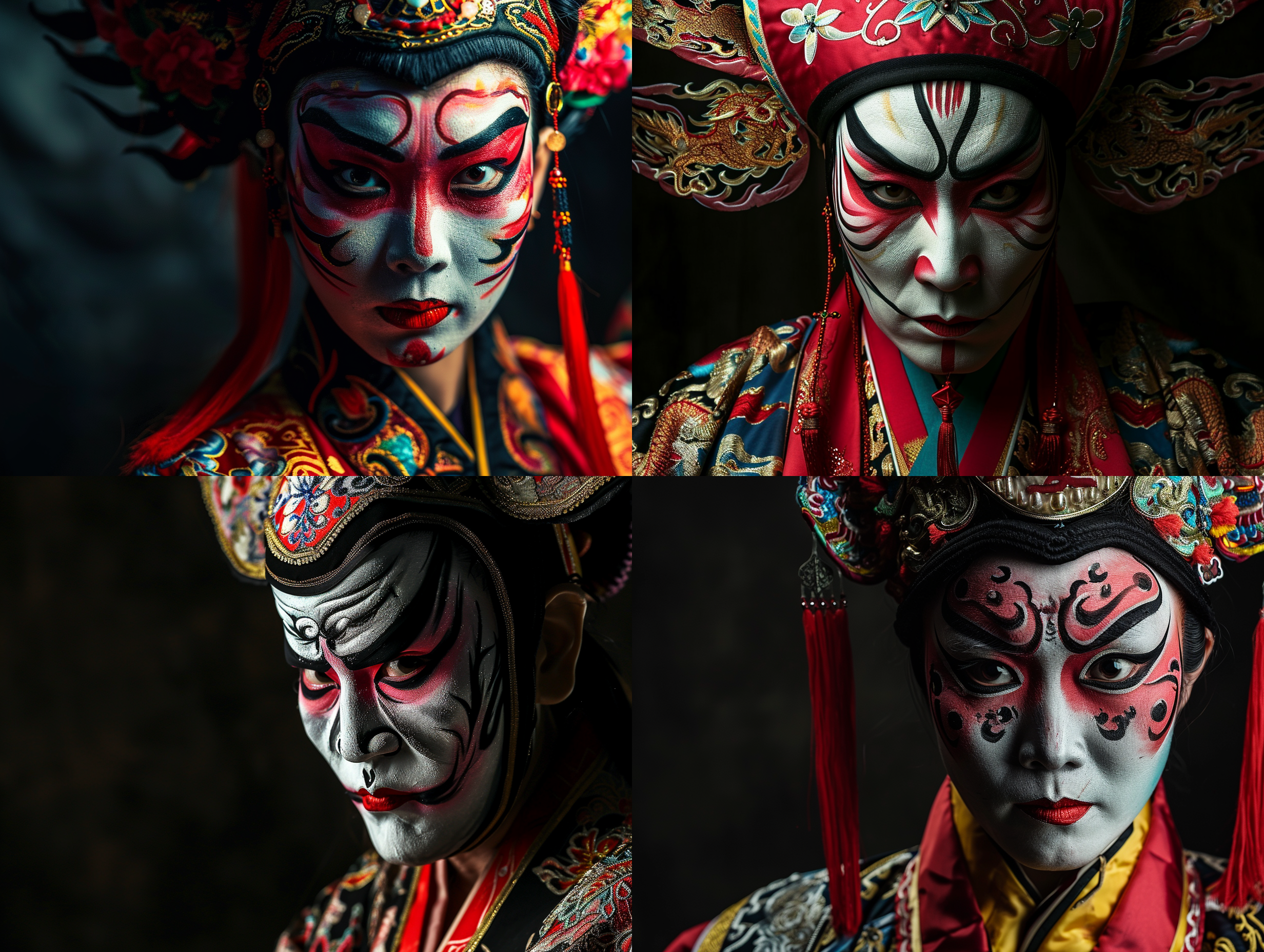 中国京剧脸谱，黑色背景，正面拍摄，高清晰度，细节丰富，五彩斑斓的颜色，尖锐的线条，饱满的表情，传统与现代的结合，戏剧性的氛围，神秘而充满力量。
