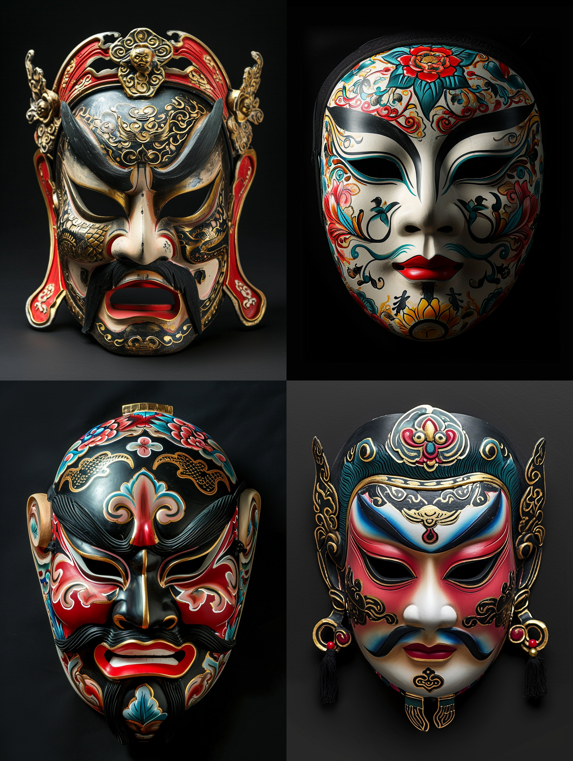 中国京剧脸谱，黑色背景， 正面 