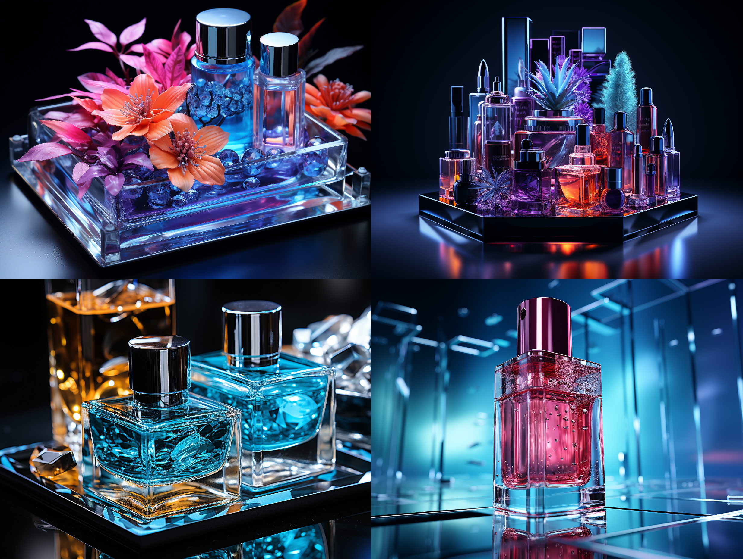 商业摄影、化妆品、深色背景、玻璃桌面、聚光灯、工作室照明、斑点阴影、逼真风格、4k、明亮