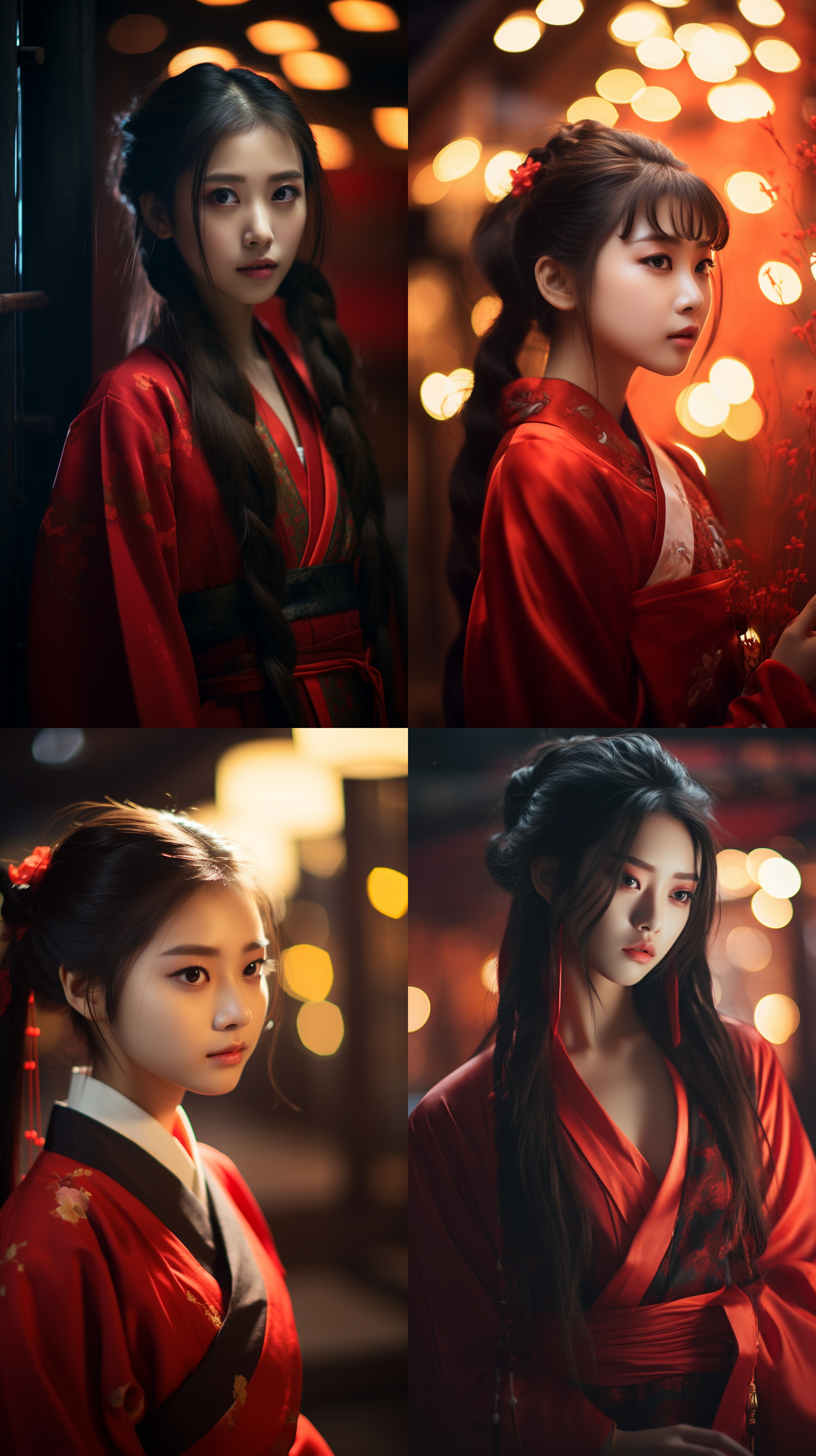 亚洲红衣少女，汉服 柔和光线，浓郁情绪，浅景深，模糊背景，广角镜头，整体场景，肤色映衬，温馨氛围 epic light