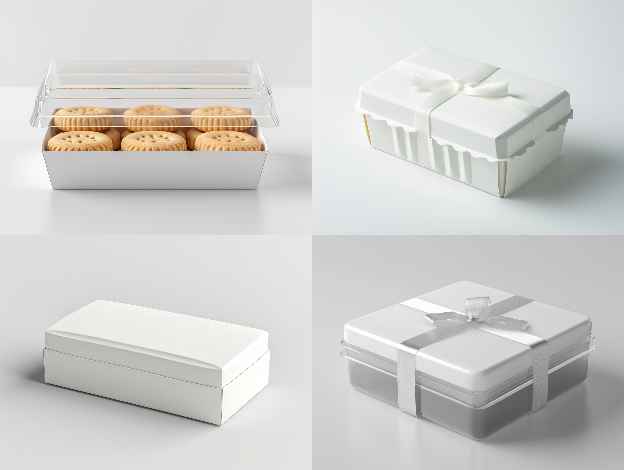 塑料饼干盒，腰封设计，白卡材质，白色背景，正面拍摄，高光反射，细节清晰，透明感，简洁美观，纯净色调，现代风格。