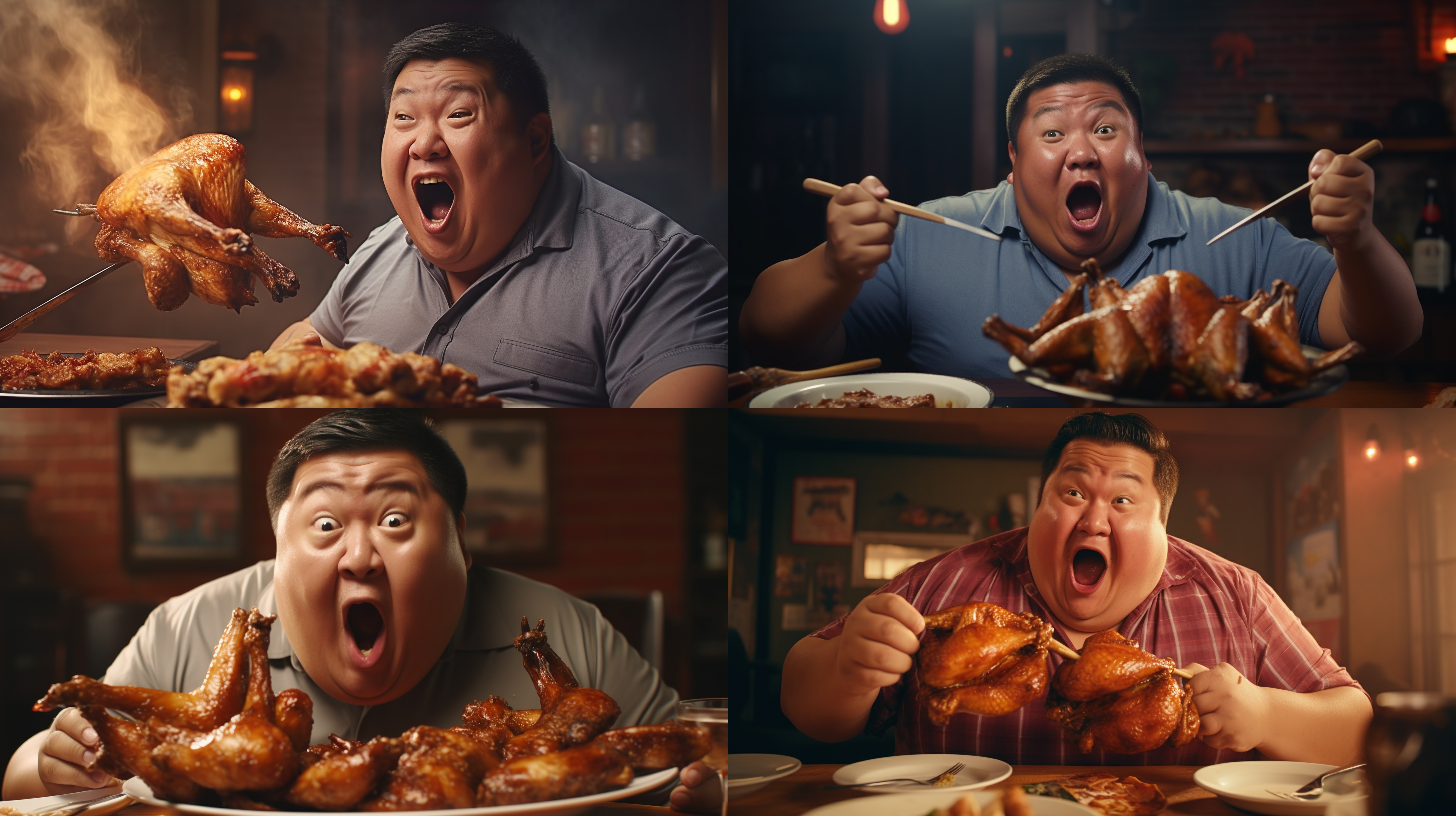 中国小胖子大口吃烤鸡腿，特写构图，餐桌上，饱满色彩，细节清晰，食物的质感，暖色调，高饱和度，中景镜头，自然光，咀嚼动作，享受，满足感。