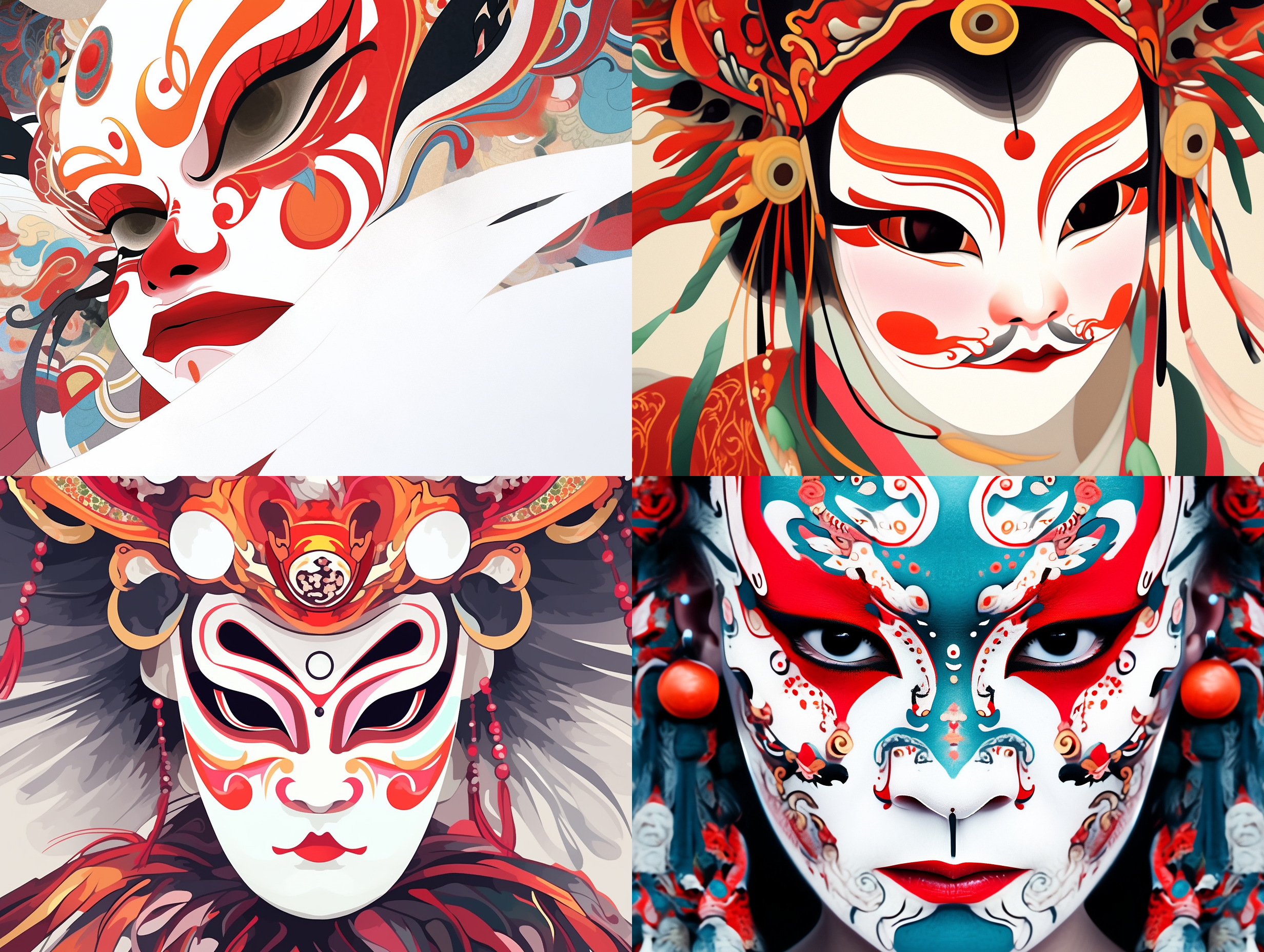 中国京剧脸谱，白色背景，正面拍摄，高清晰度，细节丰富，五彩斑斓的颜色，尖锐的线条，饱满的表情，传统与现代的结合，戏剧性的氛围，神秘而充满力量。 