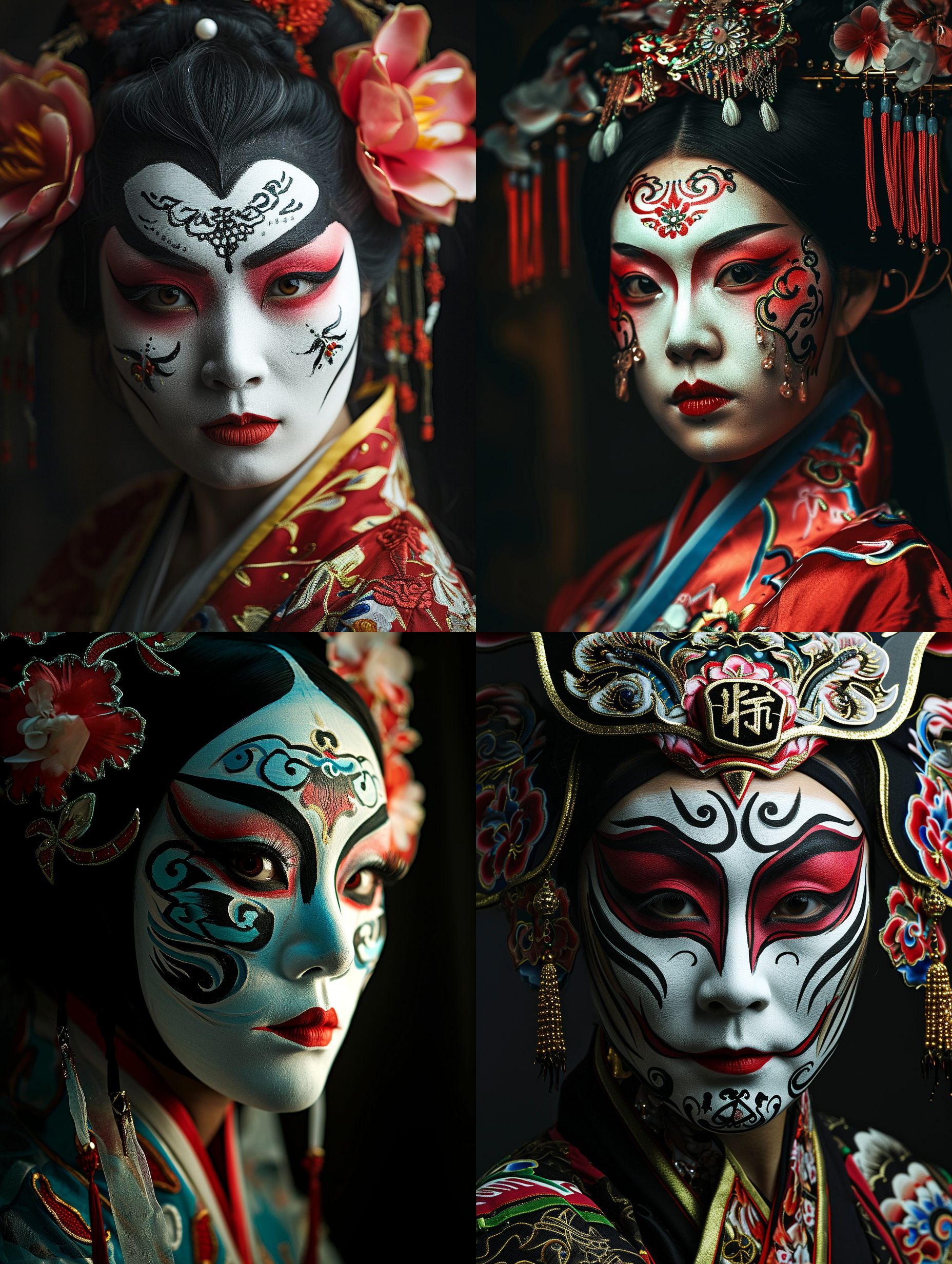 京剧脸谱，正面惊艳。黑色背景， 正面 