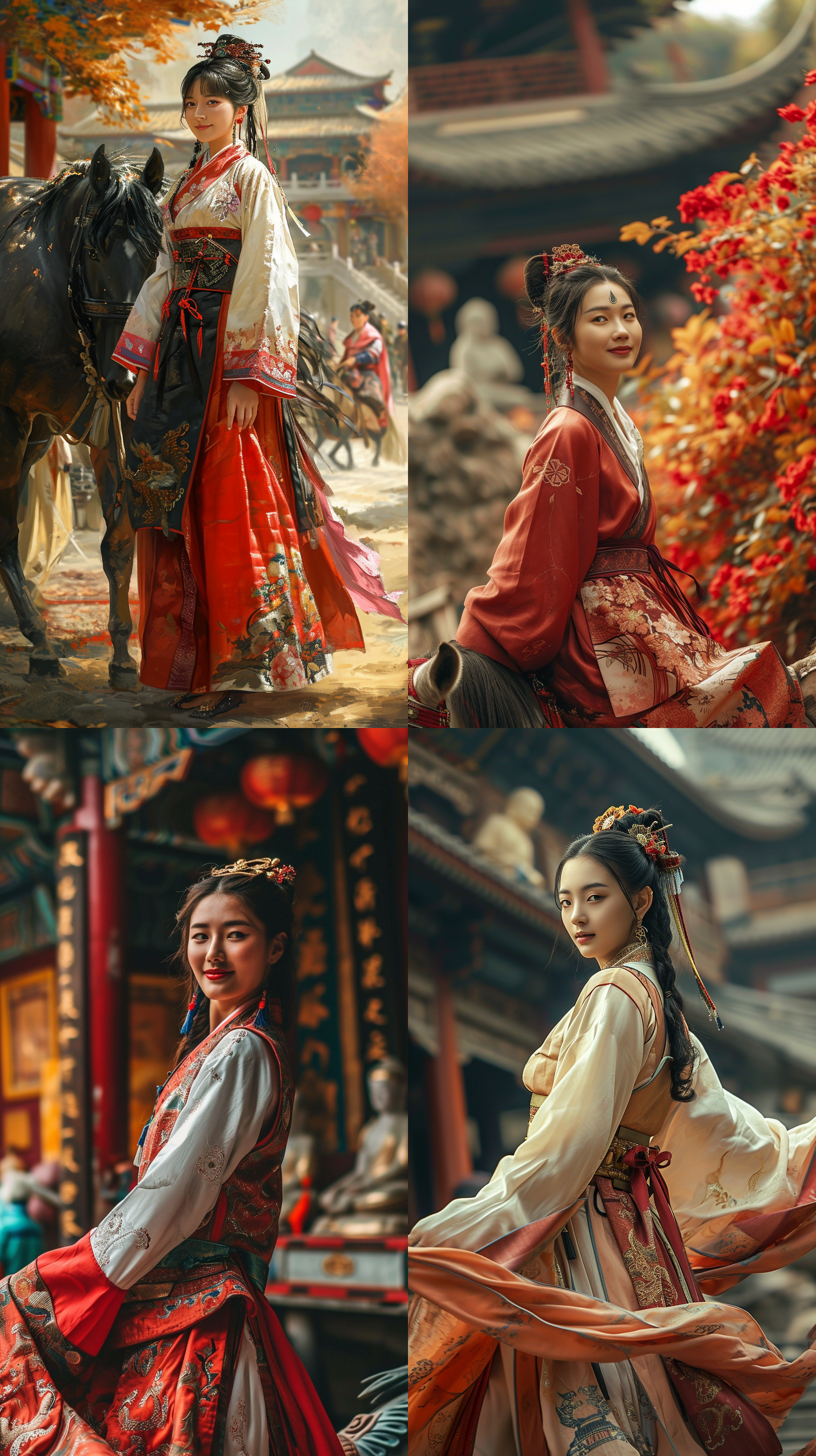 中国，美丽女子，穿着汉服和马面裙，全身，对着镜头微笑，极致细节，16k，背景是寺庙，庙里有佛像，明亮色调，温暖