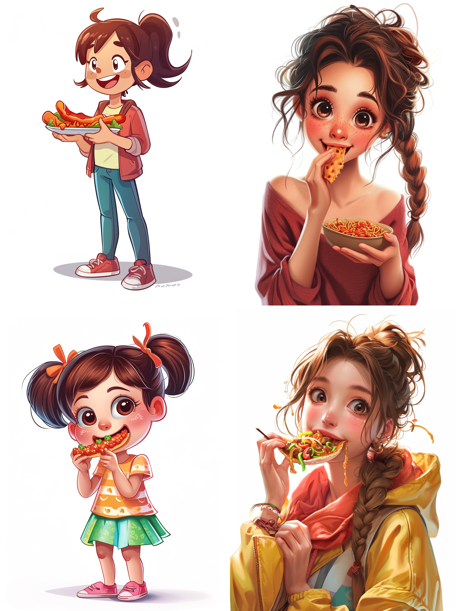 吃辣条的卡通女孩，全身像，白色背景，正面拍摄，柔和光线，饱和度高，适中快门速度，表情快乐，眼神灵动，手中握着辣条，色彩丰富，活力四溢。卡通风格，幸福感，童趣，明亮。