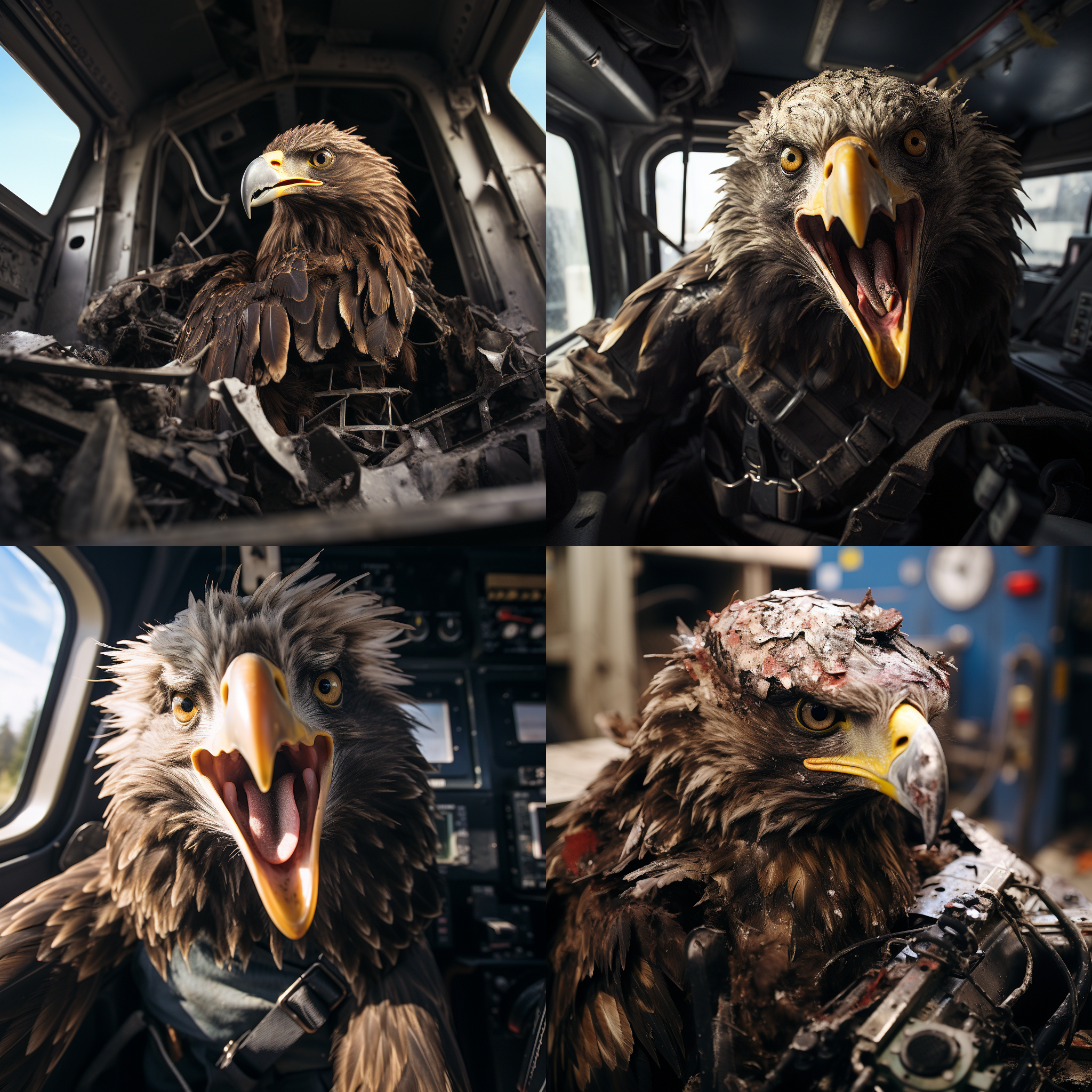 美国f117战斗机在飞行中和白头海雕相撞，飞机侧面受损，玻璃破碎，海雕头部横穿飞机驾驶舱，飞行员瞪眼睛和海雕对视，双手张牙舞爪