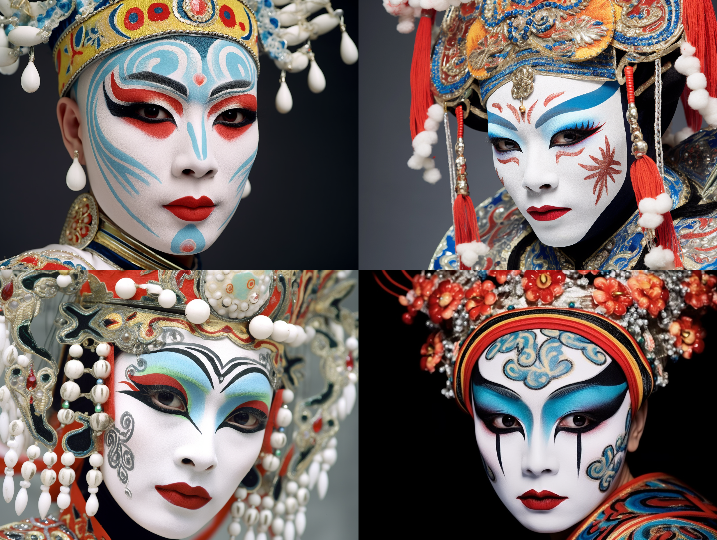 中国京剧脸谱，白色背景，正面拍摄，高清晰度，细节丰富，五彩斑斓的颜色，尖锐的线条，饱满的表情，传统与现代的结合，戏剧性的氛围，神秘而充满力量。