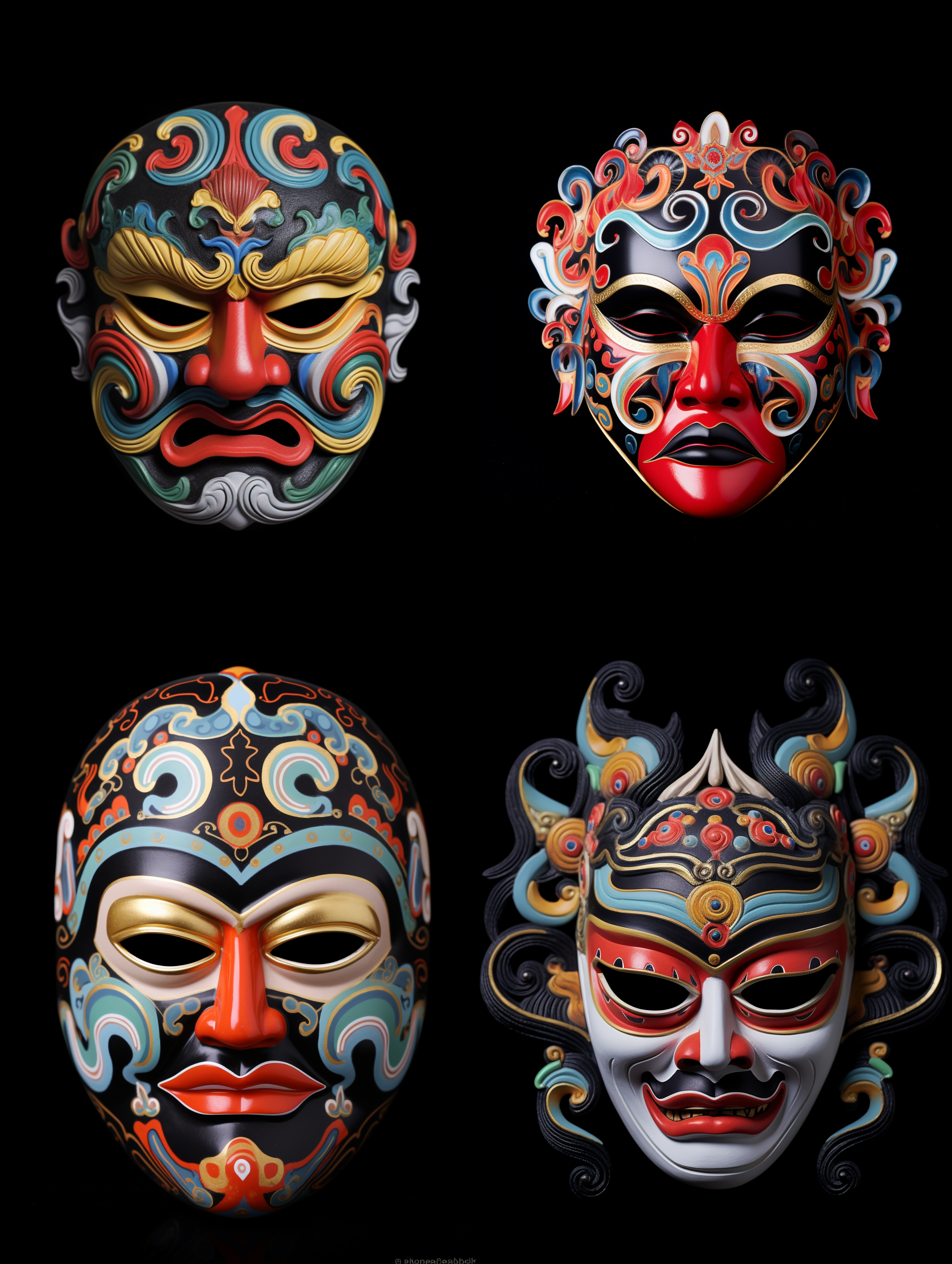 中国京剧脸谱，黑色背景， 正面 