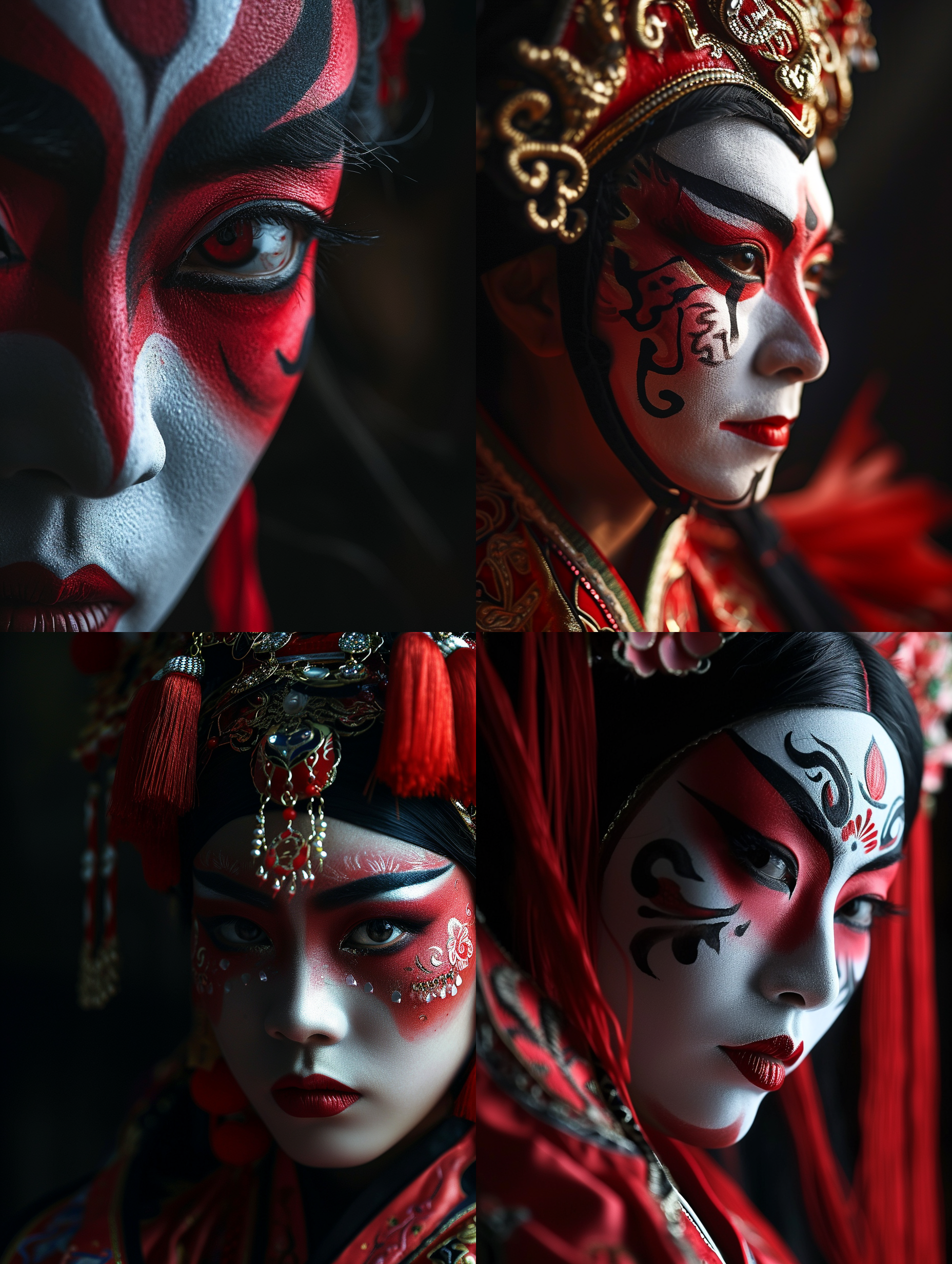 京剧脸谱，高饱和度，黑色背景，红色脸谱，近距离特写，细节突出，强烈对比，锐利，神秘，表情夸张，充满戏剧性，惊艳。