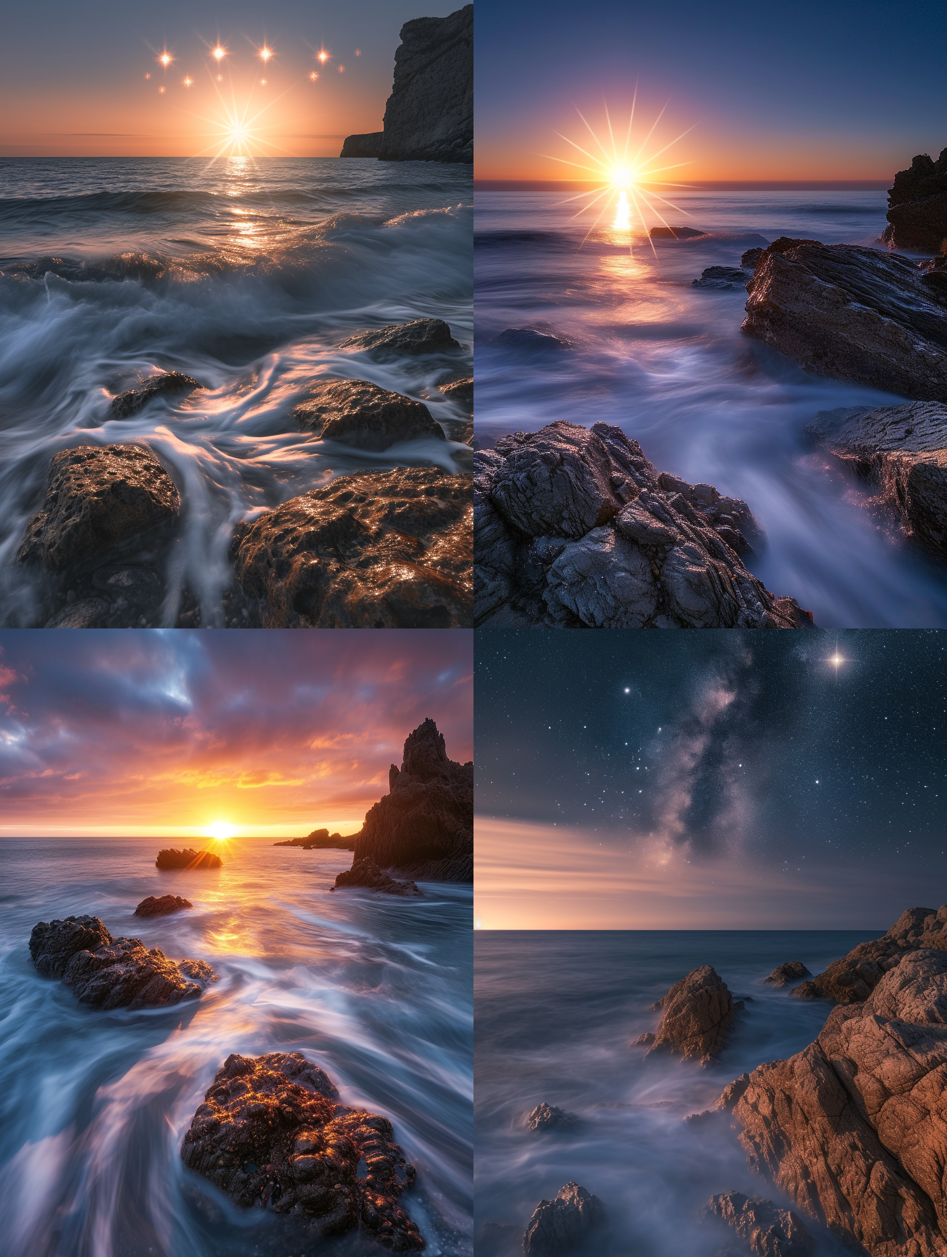 五星出东方，一幅壮丽的日出海景照片。在海边的岩石上，五颗明亮的星星从远处的海平面升起，照亮了整个天空。图像以横向布局为特点，使用长焦镜头捕捉到细节丰富的海浪和岩石纹理。光线柔和，呈现出温暖的色调，营造出宁静而神秘的氛围。彰显着希望、新生和无限可能的情感。