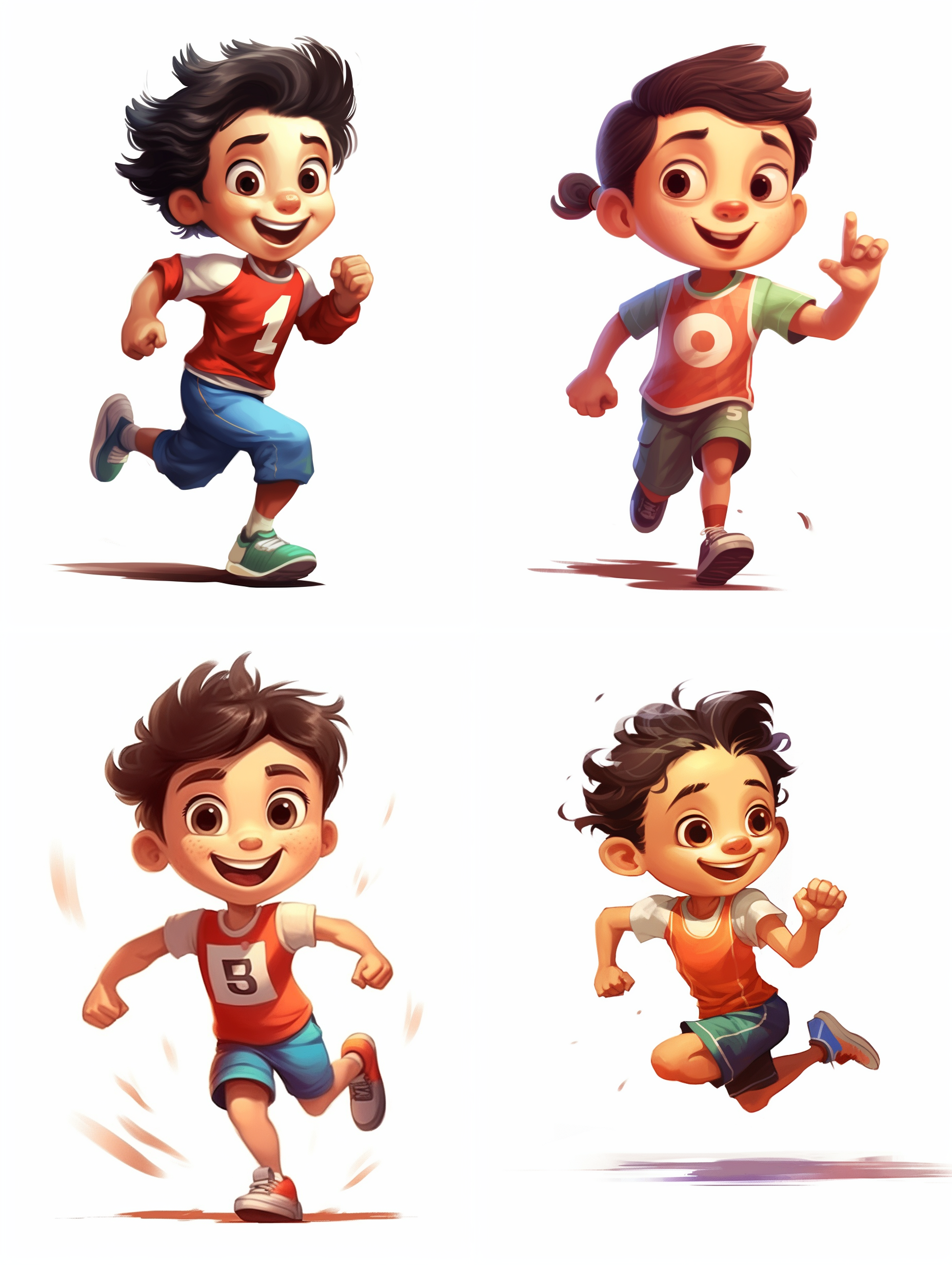 一个卡通小男孩，运动服装，表情可爱，百米冲刺，专业赛道，白色背景