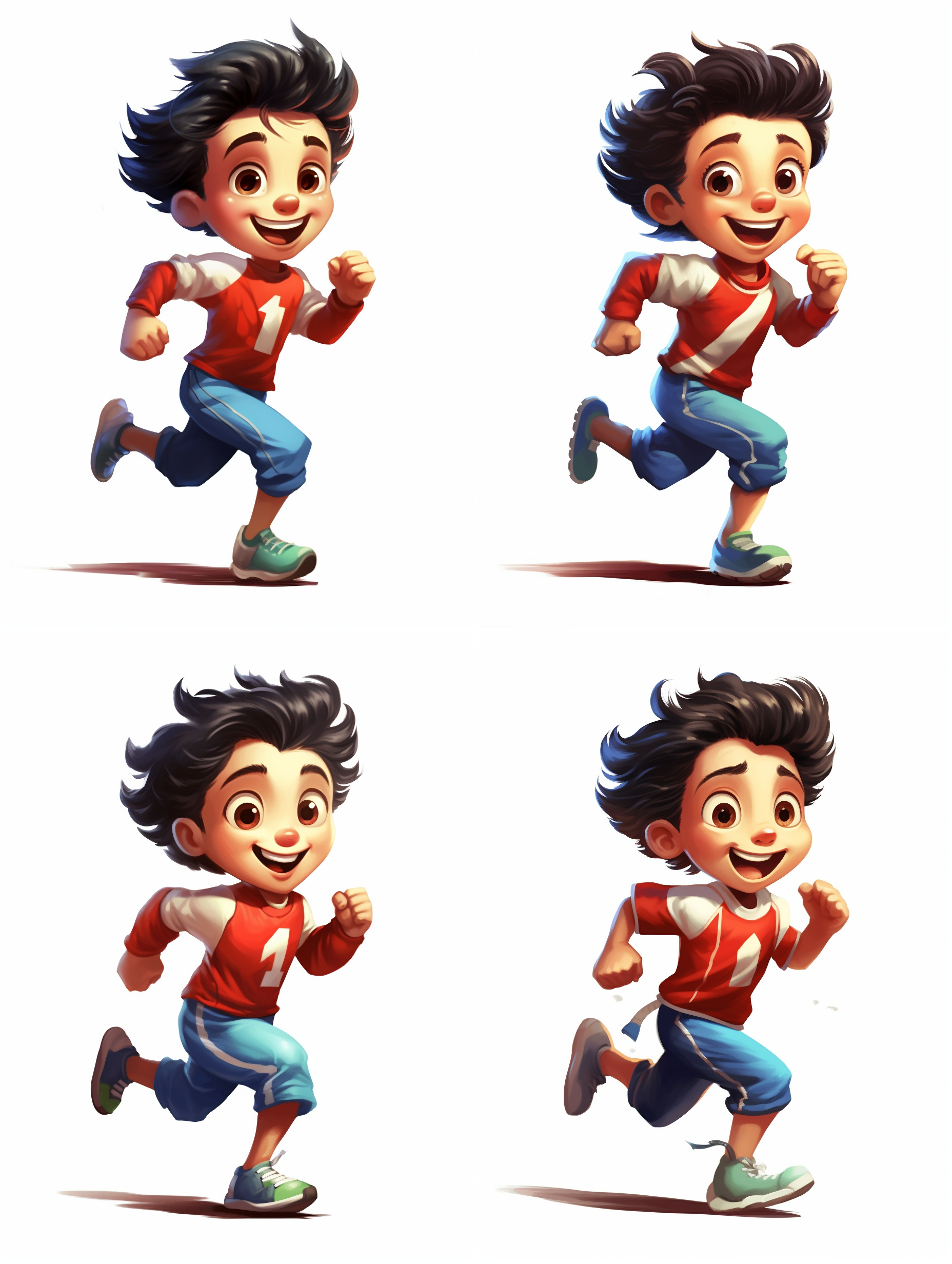 一个卡通小男孩，运动服装，表情可爱，百米冲刺，专业赛道，白色背景