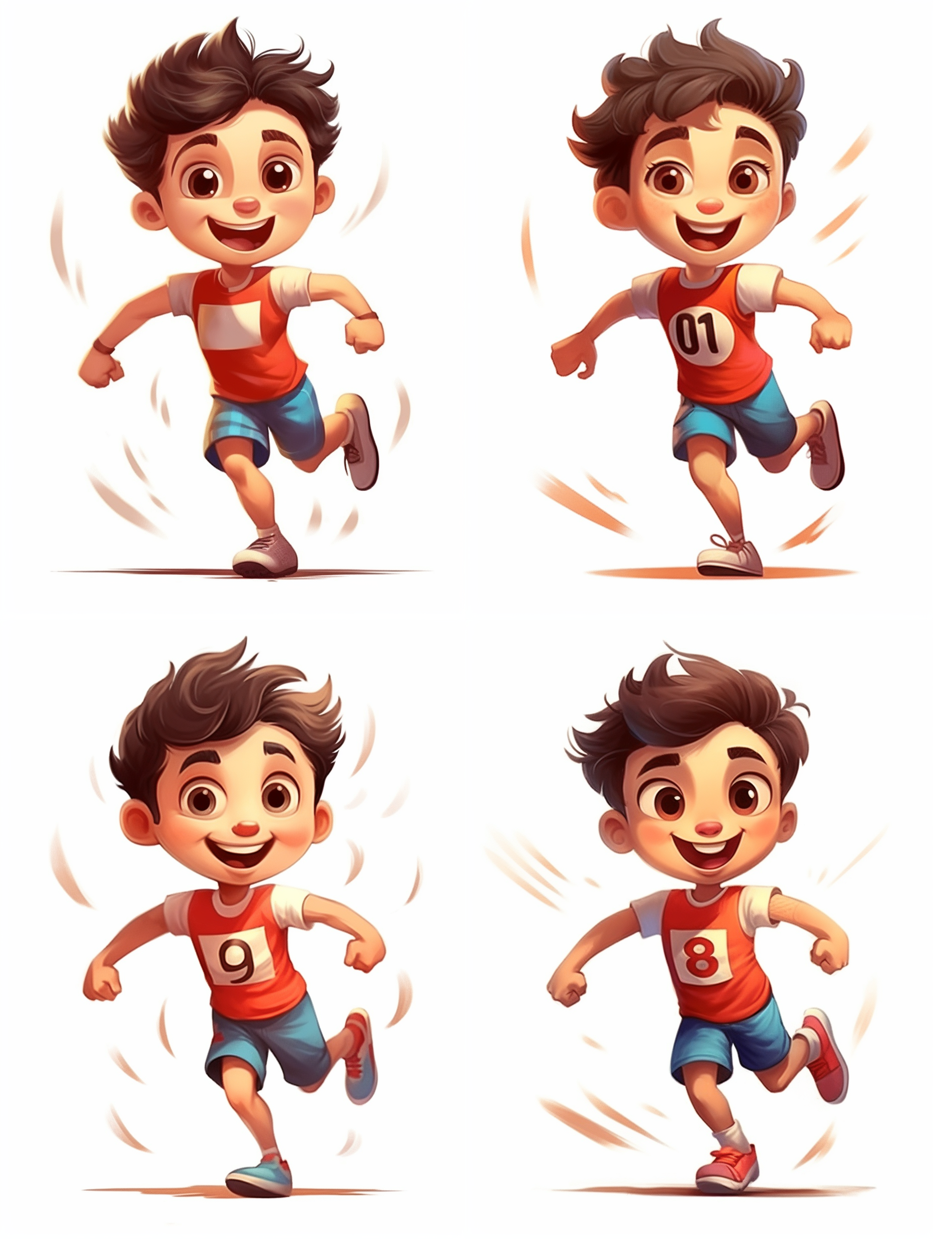 一个卡通小男孩，运动服装，表情可爱，百米冲刺，专业赛道，白色背景