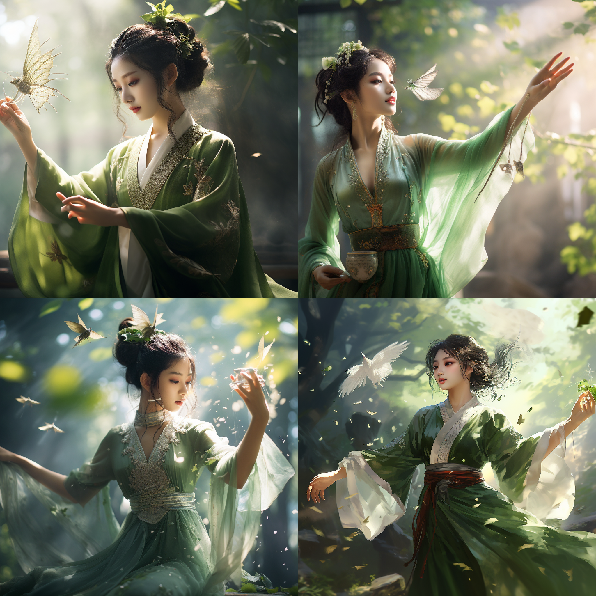 茶叶，中国女孩，汉服装扮，翩翩起舞，翅膀闪耀，绿色裙子，阳光脸部细节，手上拿着叶子